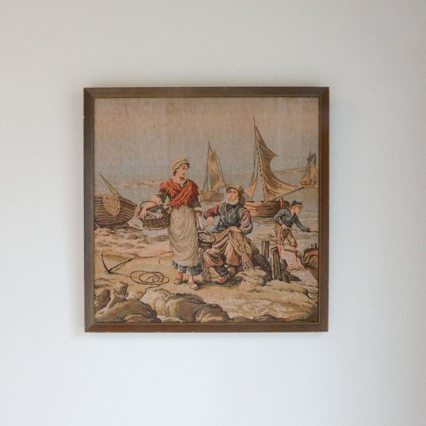 19.5in Framed Tapestry of Fishing Village, Vintage Tapestry, Vintage Fishing Tapestry, Fishing Village Tapestry, Vintage Nautical Decor