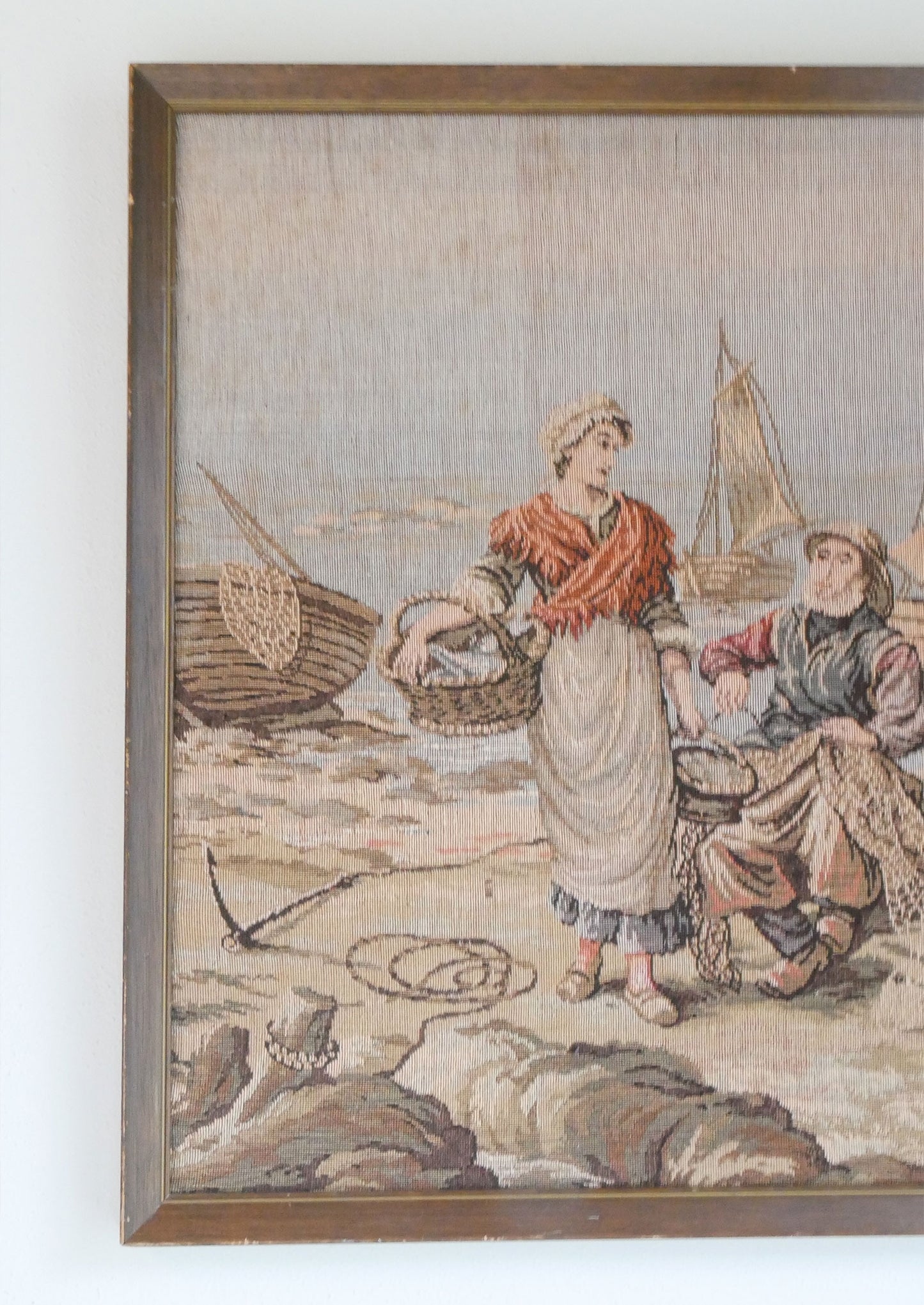 19.5in Framed Tapestry of Fishing Village, Vintage Tapestry, Vintage Fishing Tapestry, Fishing Village Tapestry, Vintage Nautical Decor