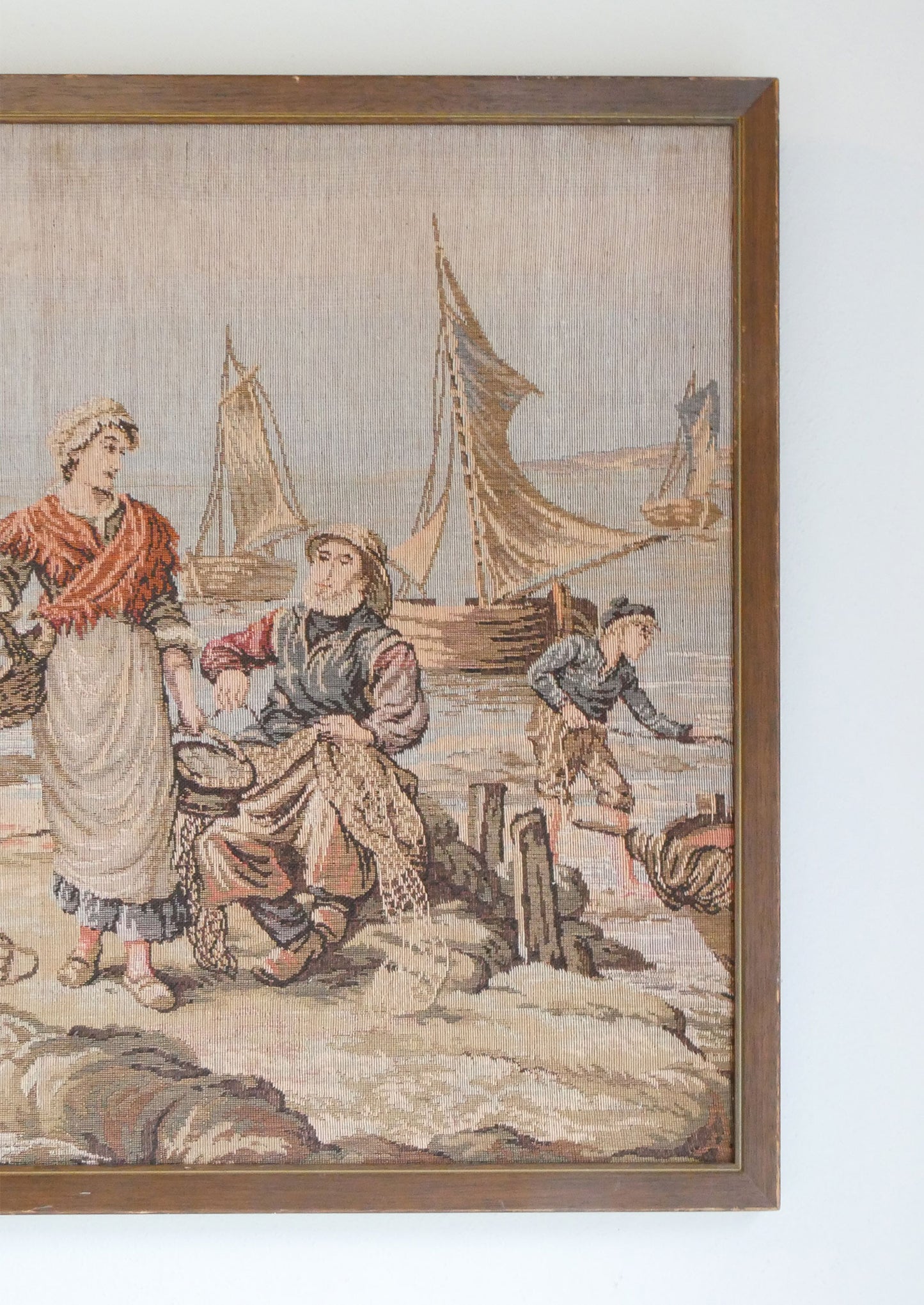 19.5in Framed Tapestry of Fishing Village, Vintage Tapestry, Vintage Fishing Tapestry, Fishing Village Tapestry, Vintage Nautical Decor