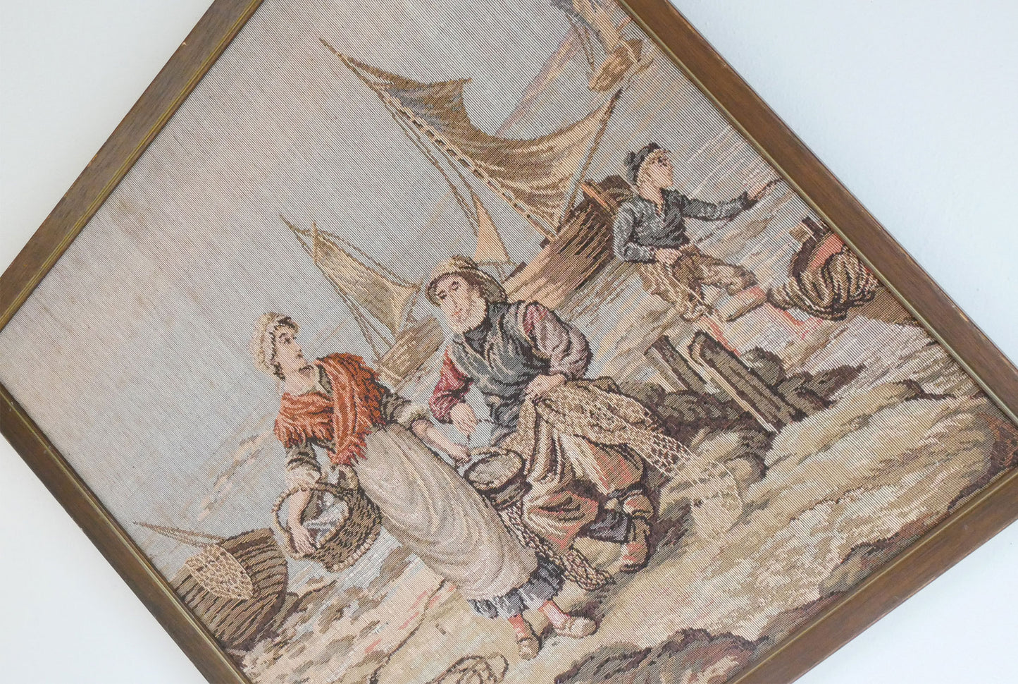 19.5in Framed Tapestry of Fishing Village, Vintage Tapestry, Vintage Fishing Tapestry, Fishing Village Tapestry, Vintage Nautical Decor
