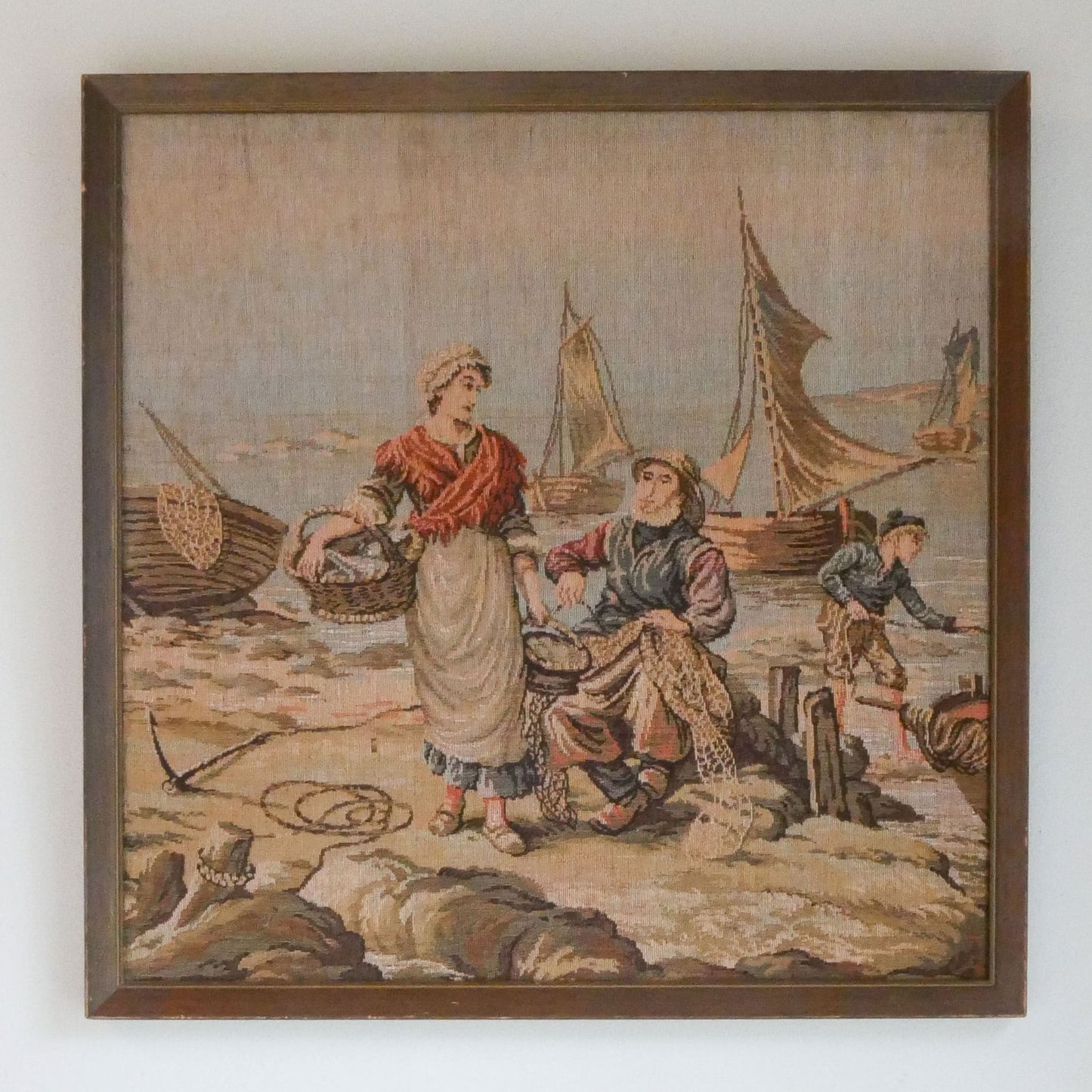 19.5in Framed Tapestry of Fishing Village, Vintage Tapestry, Vintage Fishing Tapestry, Fishing Village Tapestry, Vintage Nautical Decor