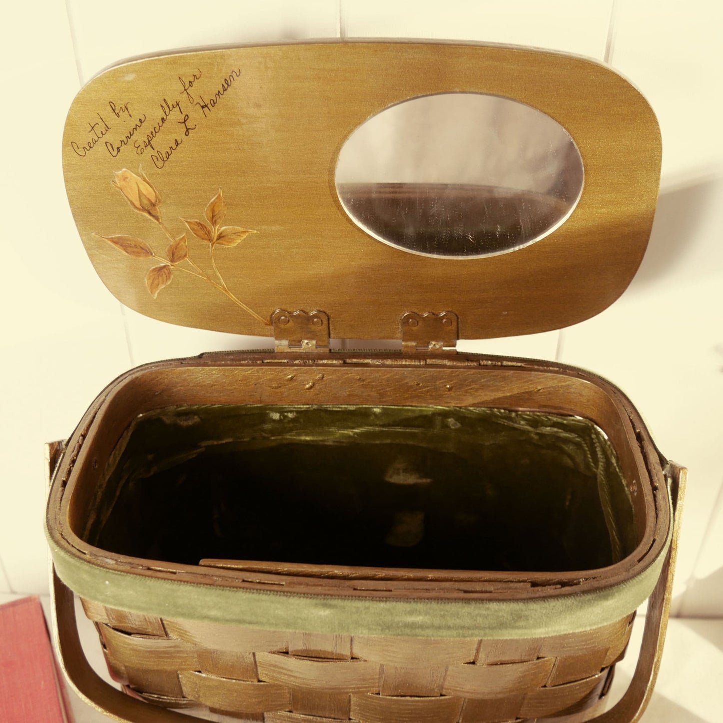 1970s Green Bamboo Woven Basket with Lid & Handle Thrifted Wicker Basket Vintage Home Decor Inside