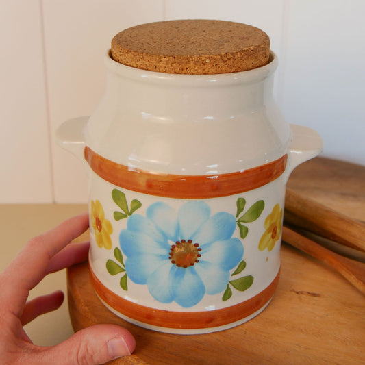 1979 Handmade Blue Floral Pottery Crock with Cork Lid, Vintage Pottery, VIntage Stoneware, Vintage Decor, Thrifted Stoneware, Vintage Crocks