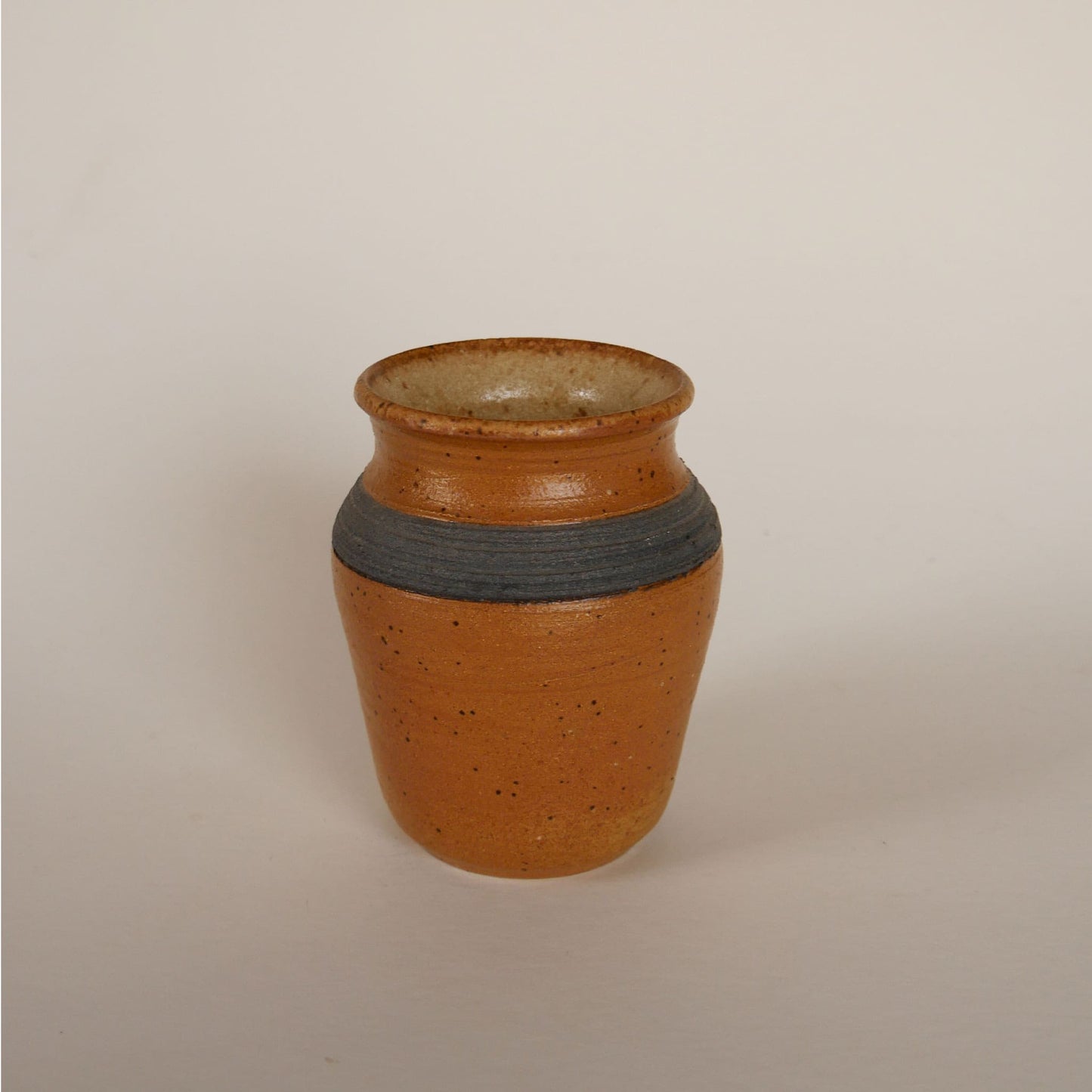 Small Vintage Handmade Pottery Vase, Brown and Blue Stripe Pottery Vase, Handmade Brown Pottery Vase