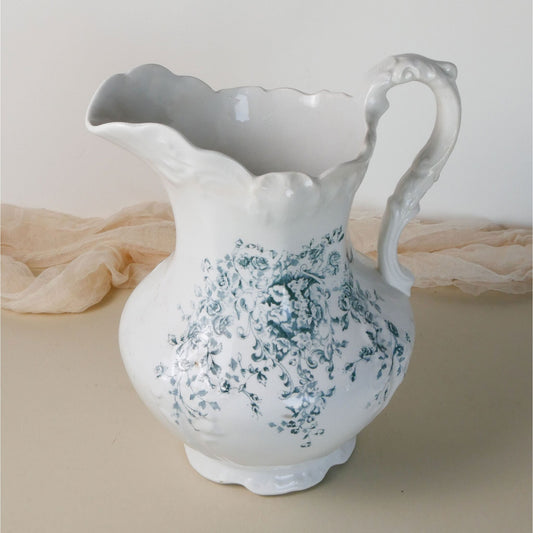 Antique Wheeling Pottery Co. Pitcher with Teal Floral Design, Antique Ironstone Pitcher, Antique White Wash Pitcher