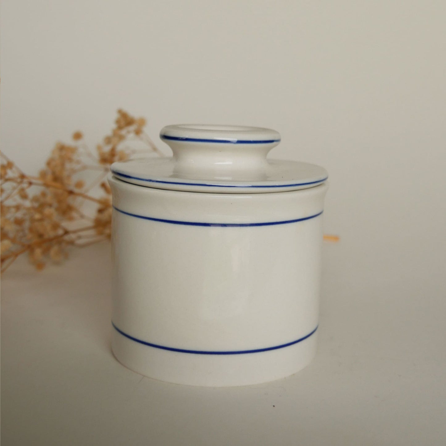 Blue Stripe Butter Keeper Stoneware, Vintage Farmhouse Stoneware, Farmhouse Blue Striped Stoneware Dish with Lid