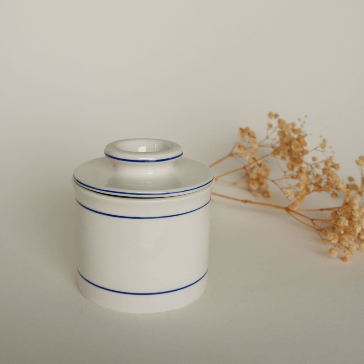 Blue Stripe Butter Keeper Stoneware, Vintage Farmhouse Stoneware, Farmhouse Blue Striped Stoneware Dish with Lid
