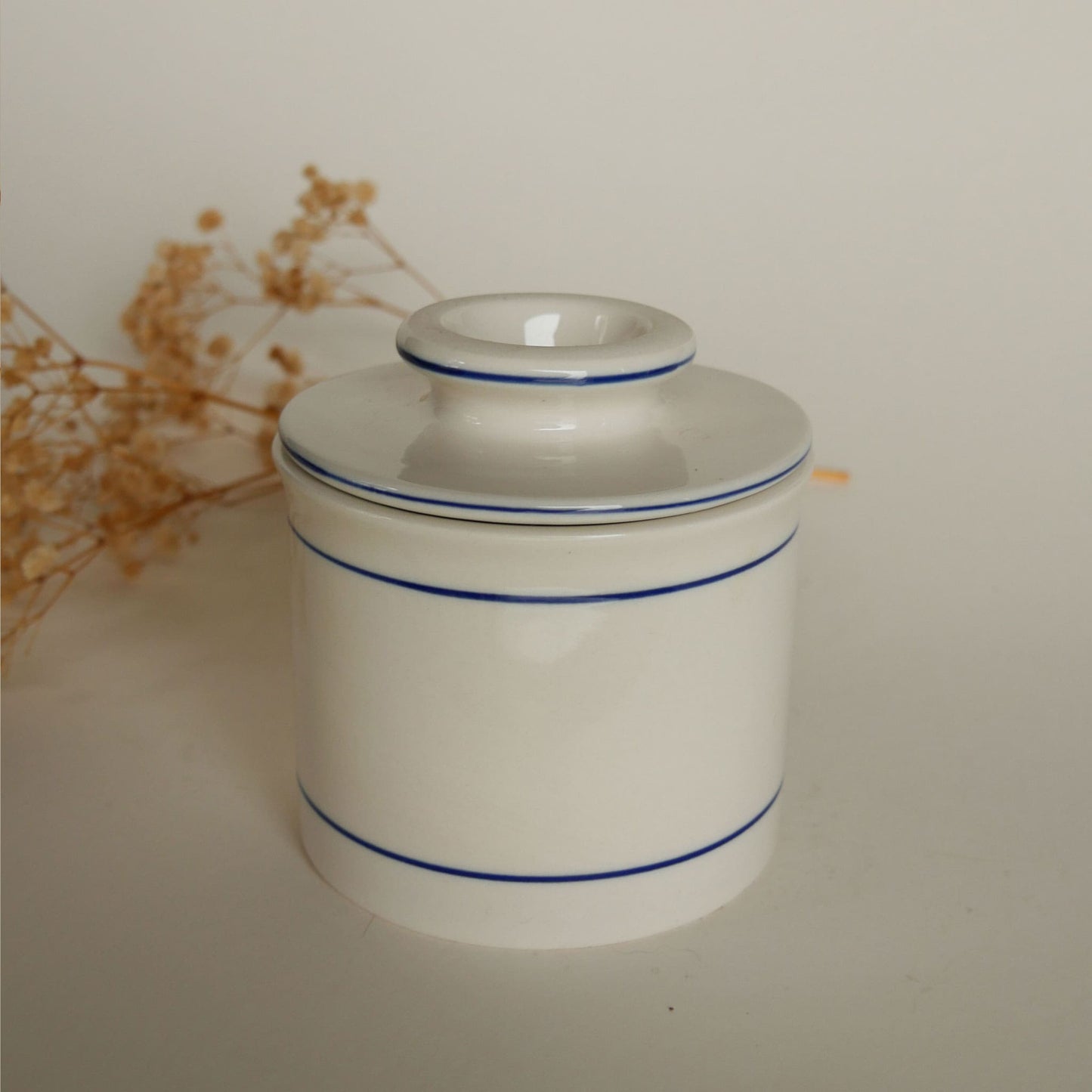 Blue Stripe Butter Keeper Stoneware, Vintage Farmhouse Stoneware, Farmhouse Blue Striped Stoneware Dish with Lid