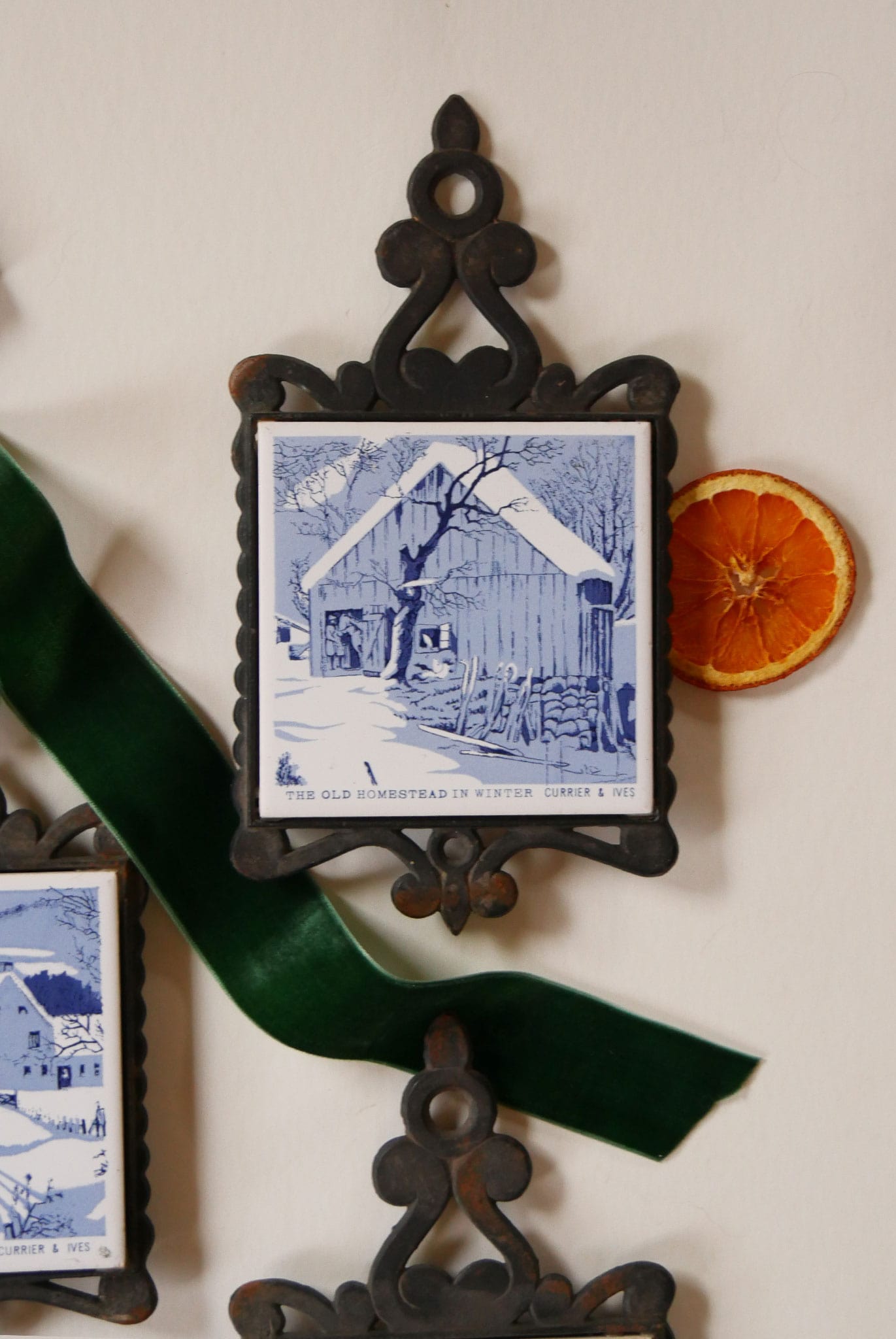 Vintage Currier and Ives Trivets, Vintage CHristmas DEcor, Vintage Christmas Kitchen Decor, Vintage Blue and White Christmas Decor