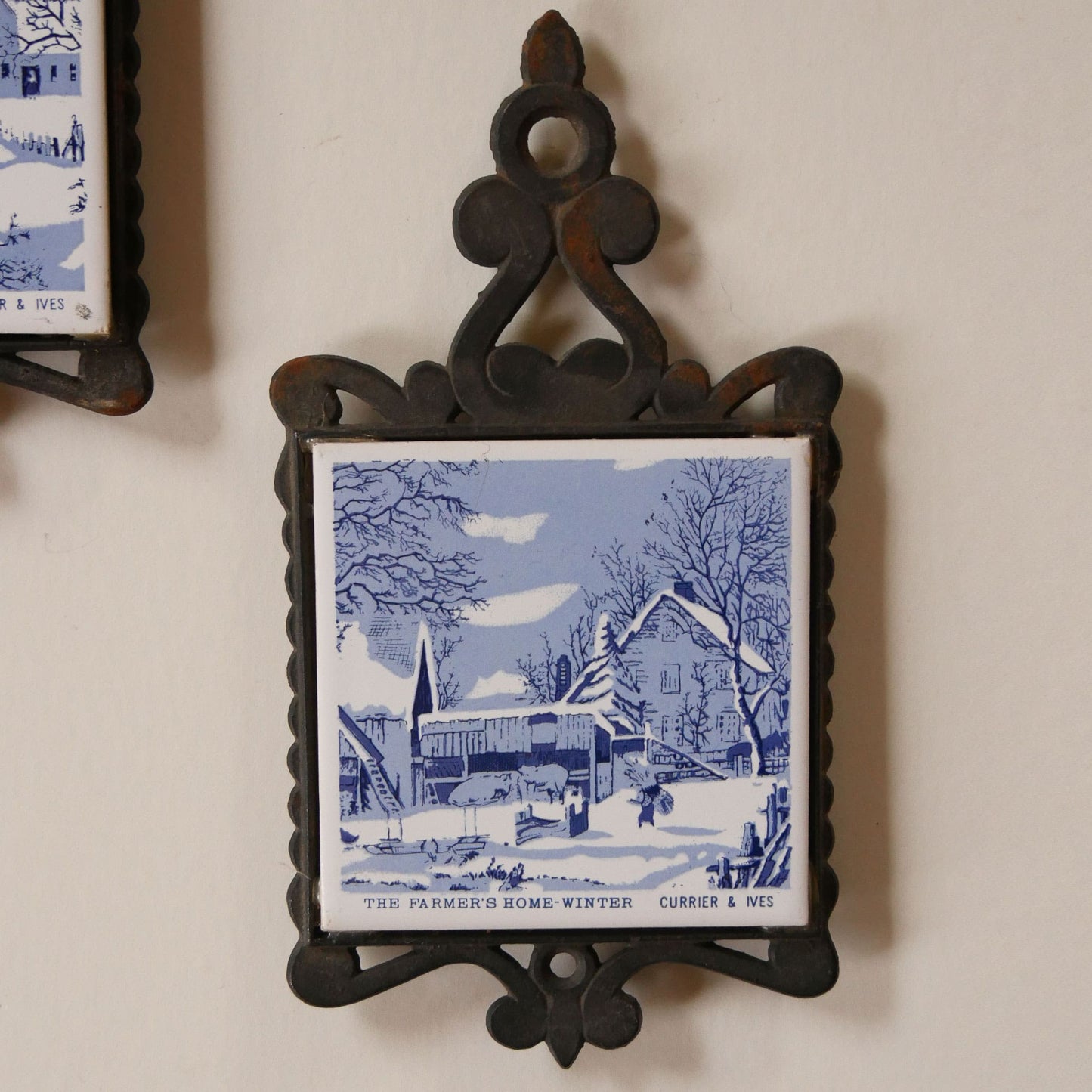 Vintage Currier and Ives Trivets, Vintage CHristmas DEcor, Vintage Christmas Kitchen Decor, Vintage Blue and White Christmas Decor