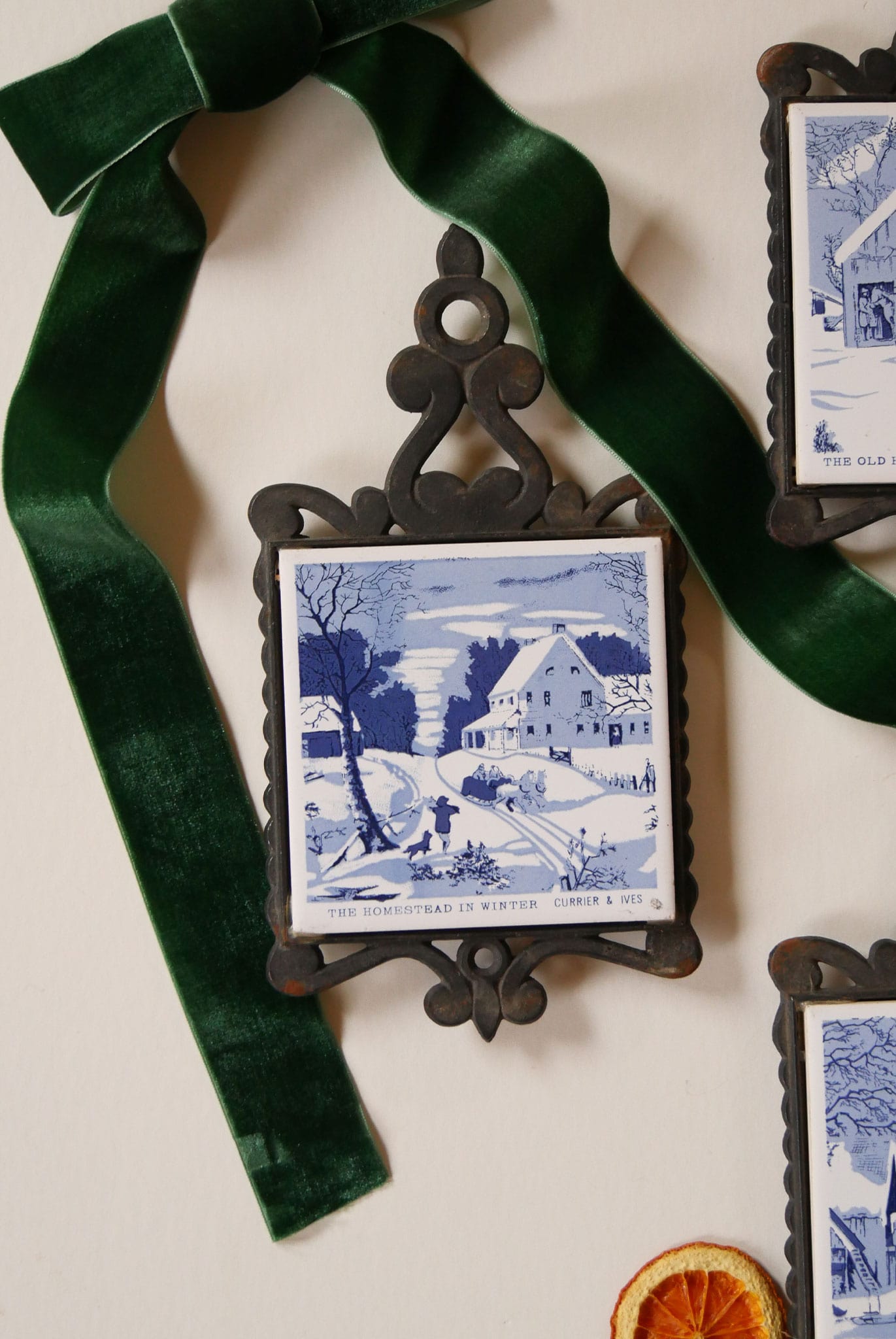 Vintage Currier and Ives Trivets, Vintage CHristmas DEcor, Vintage Christmas Kitchen Decor, Vintage Blue and White Christmas Decor