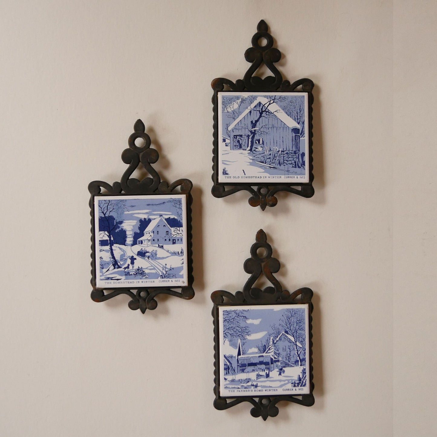 Vintage Currier and Ives Trivets, Vintage CHristmas DEcor, Vintage Christmas Kitchen Decor, Vintage Blue and White Christmas Decor