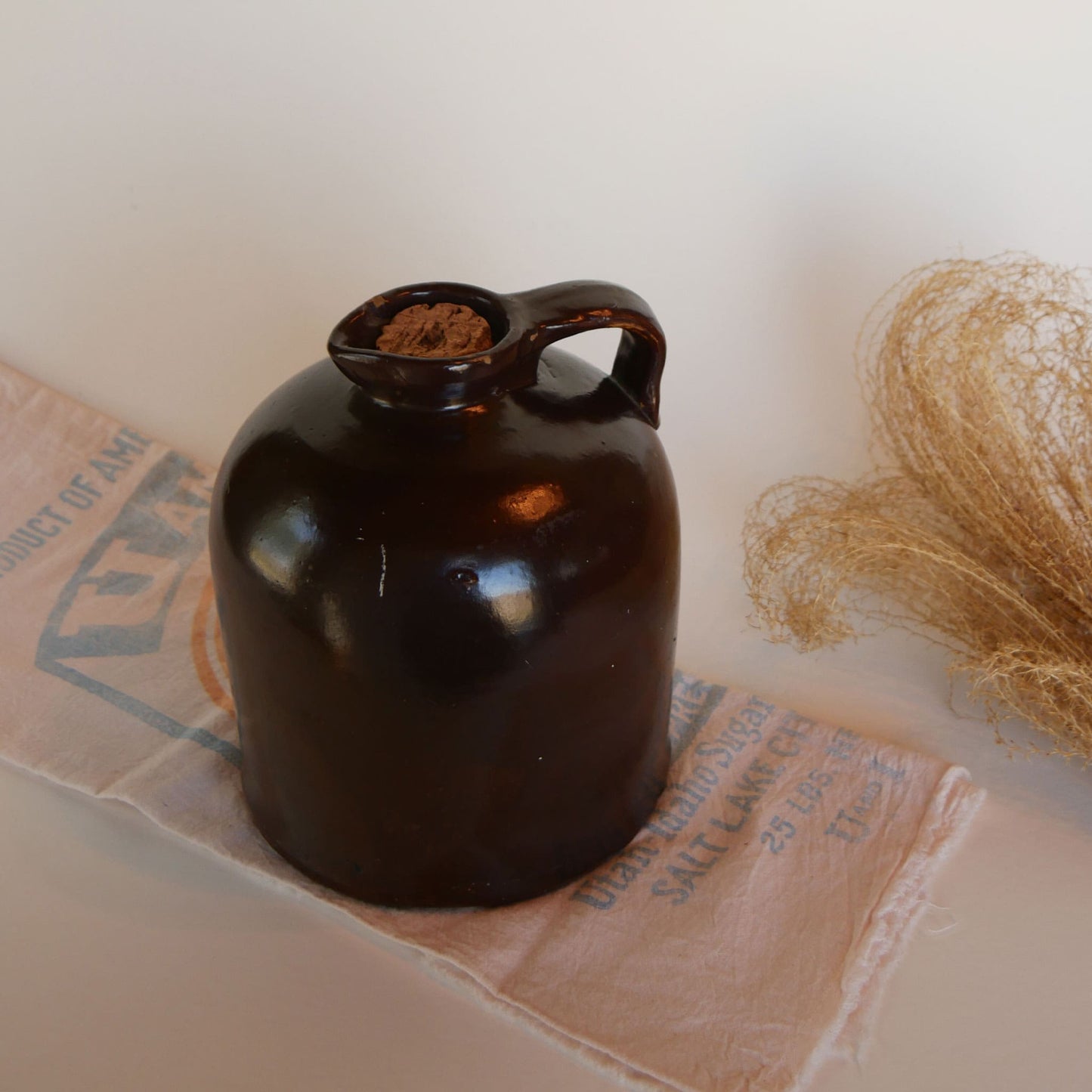 Glazed Brown Stoneware with Handle and Cork, Brown Glazed Handled Crock and Cork, Vintage Farmhouse Decor, Vintage Farmhouse Kitchen Decor, Vintage Crocks