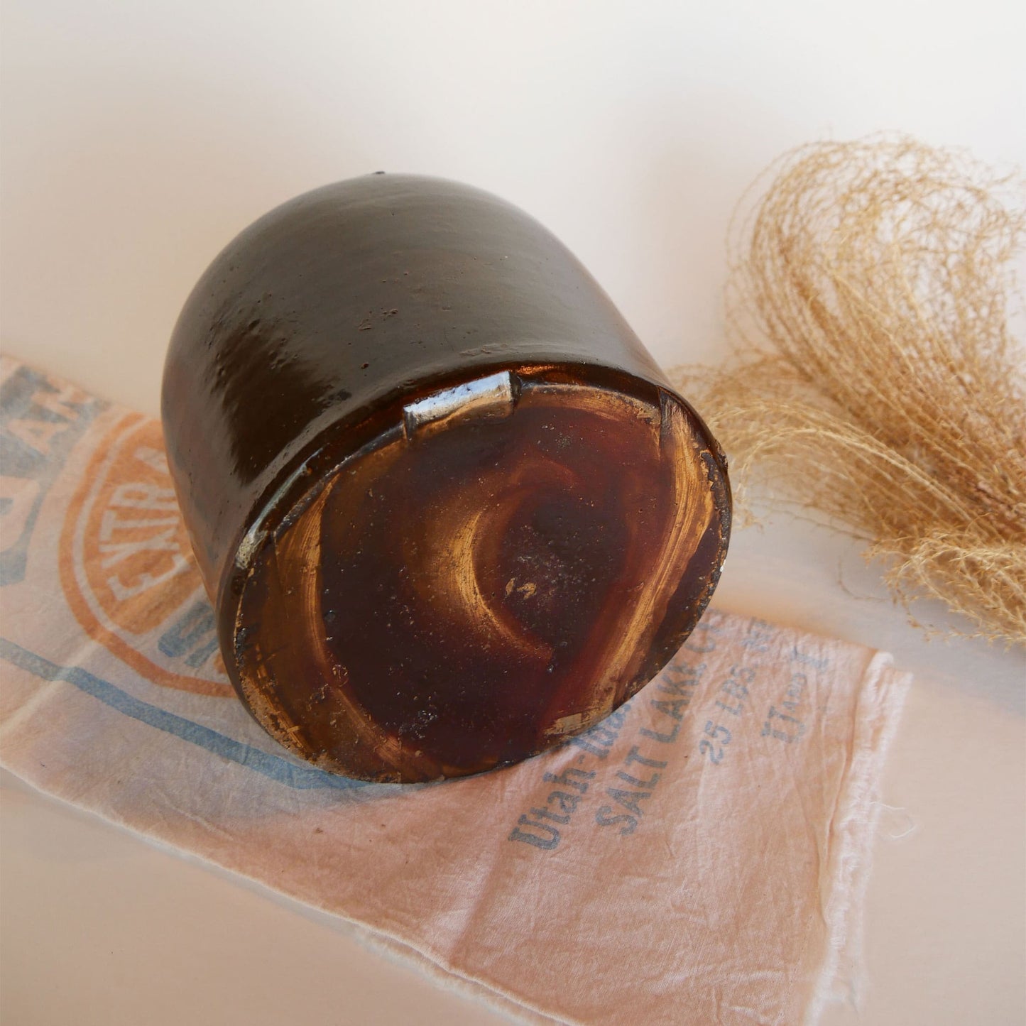 Glazed Brown Stoneware with Handle and Cork, Brown Glazed Handled Crock and Cork, Vintage Farmhouse Decor, Vintage Farmhouse Kitchen Decor, Vintage Crocks