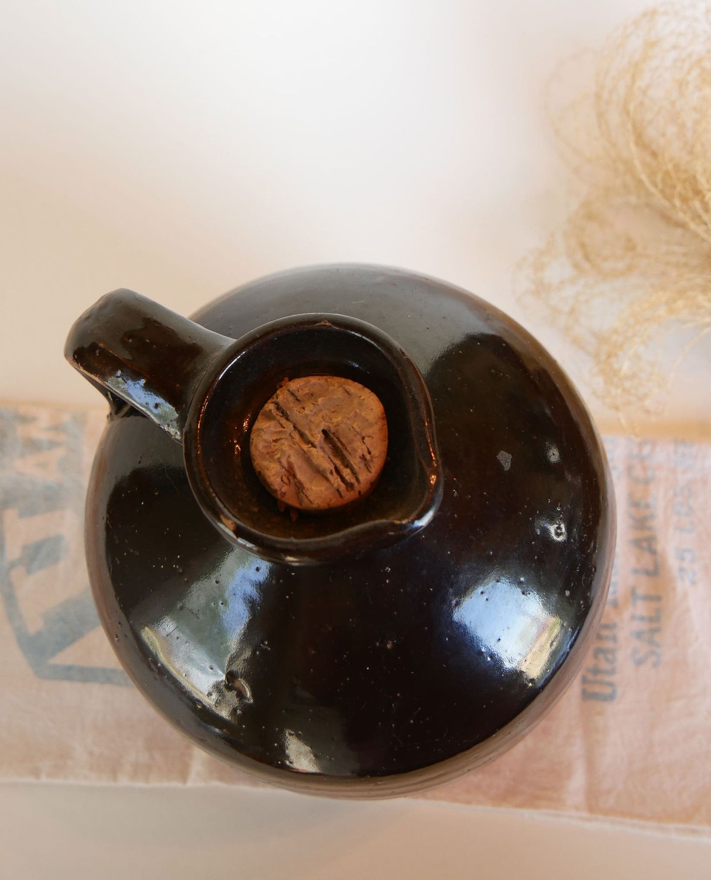 Glazed Brown Stoneware with Handle and Cork, Brown Glazed Handled Crock and Cork, Vintage Farmhouse Decor, Vintage Farmhouse Kitchen Decor, Vintage Crocks