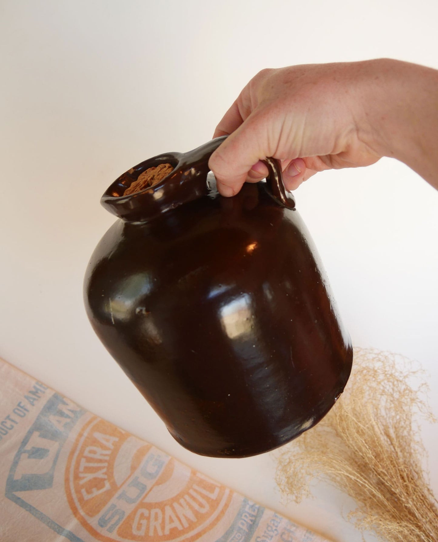 Glazed Brown Stoneware with Handle and Cork, Brown Glazed Handled Crock and Cork, Vintage Farmhouse Decor, Vintage Farmhouse Kitchen Decor, Vintage Crocks