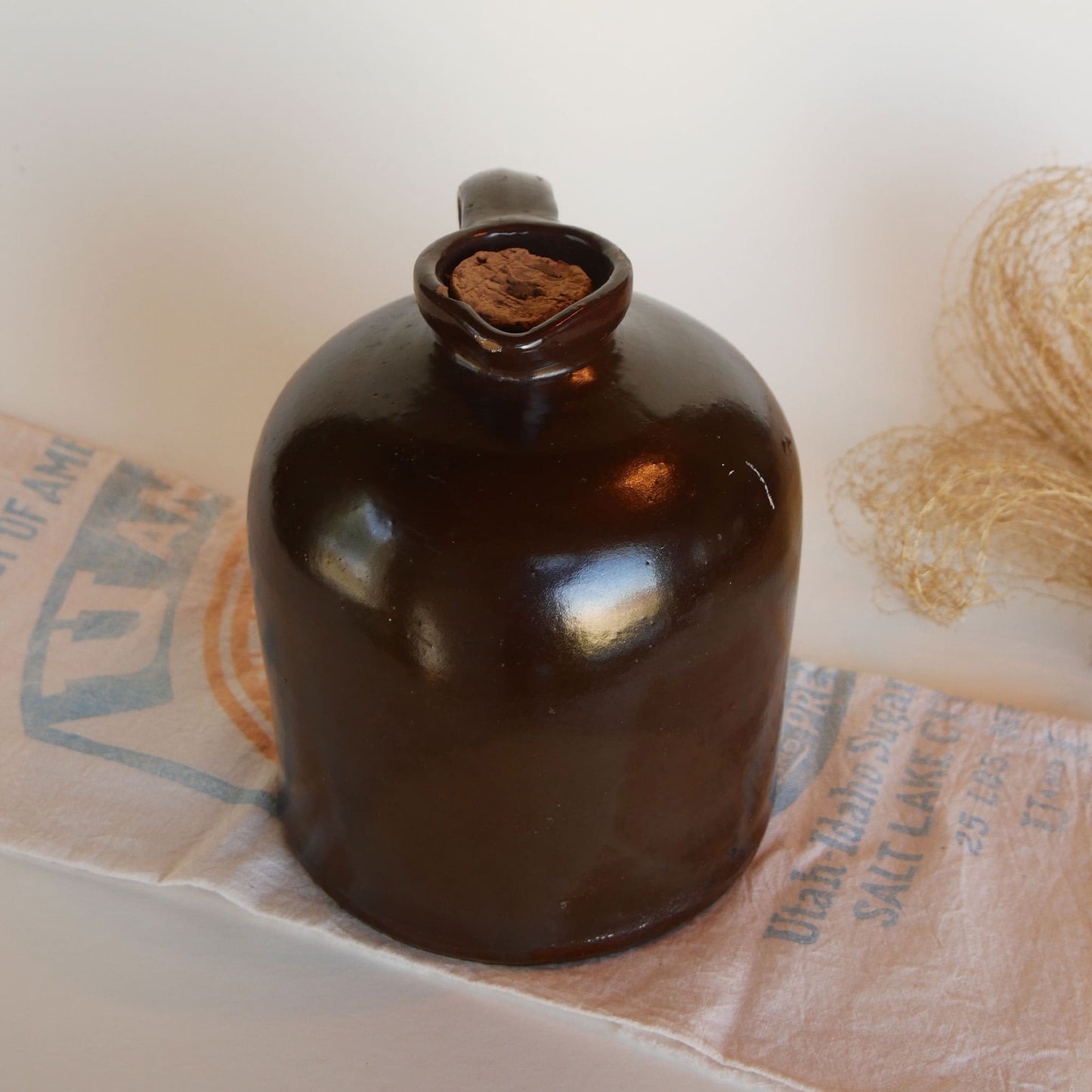 Glazed Brown Stoneware with Handle and Cork, Brown Glazed Handled Crock and Cork, Vintage Farmhouse Decor, Vintage Farmhouse Kitchen Decor, Vintage Crocks