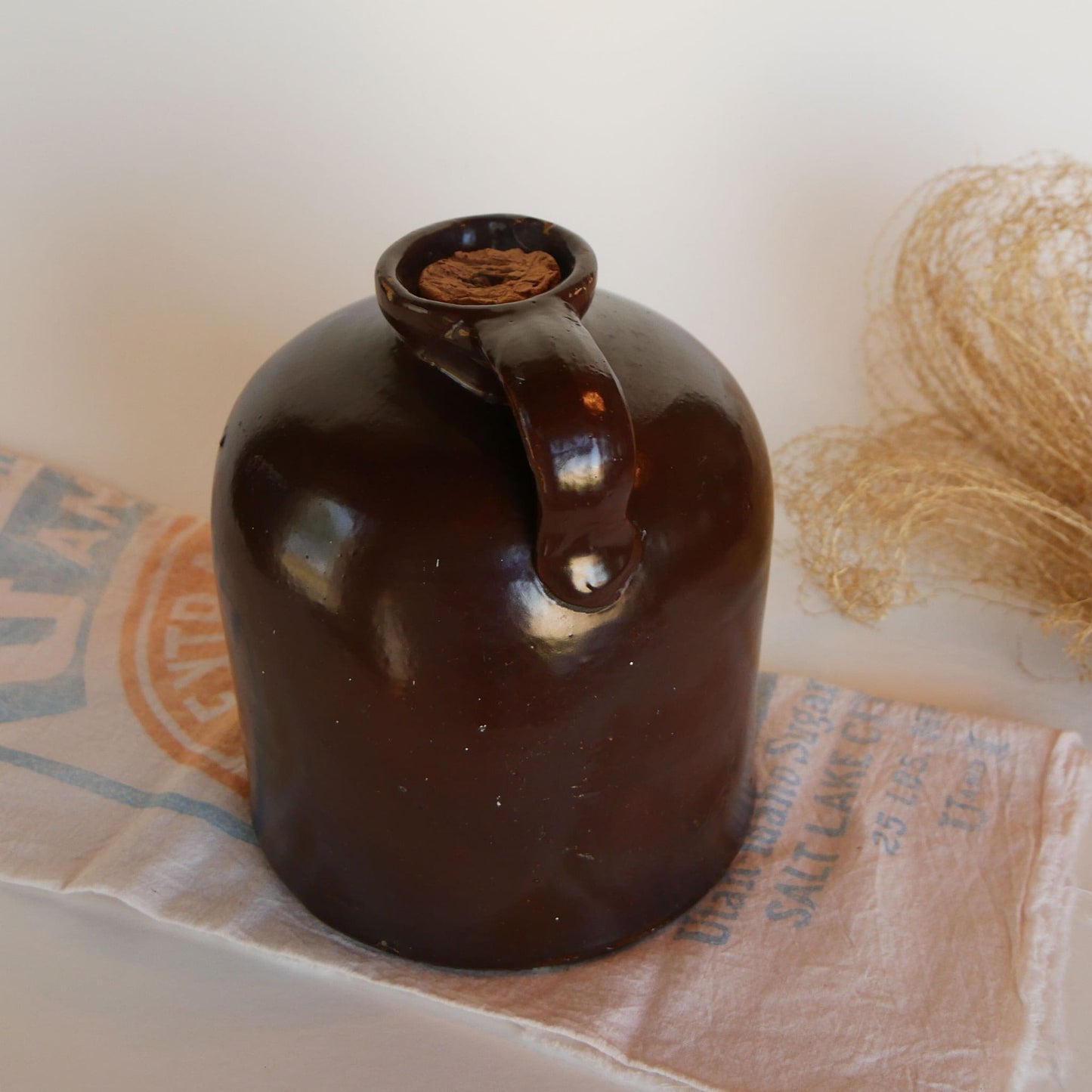 Glazed Brown Stoneware with Handle and Cork, Brown Glazed Handled Crock and Cork, Vintage Farmhouse Decor, Vintage Farmhouse Kitchen Decor, Vintage Crocks