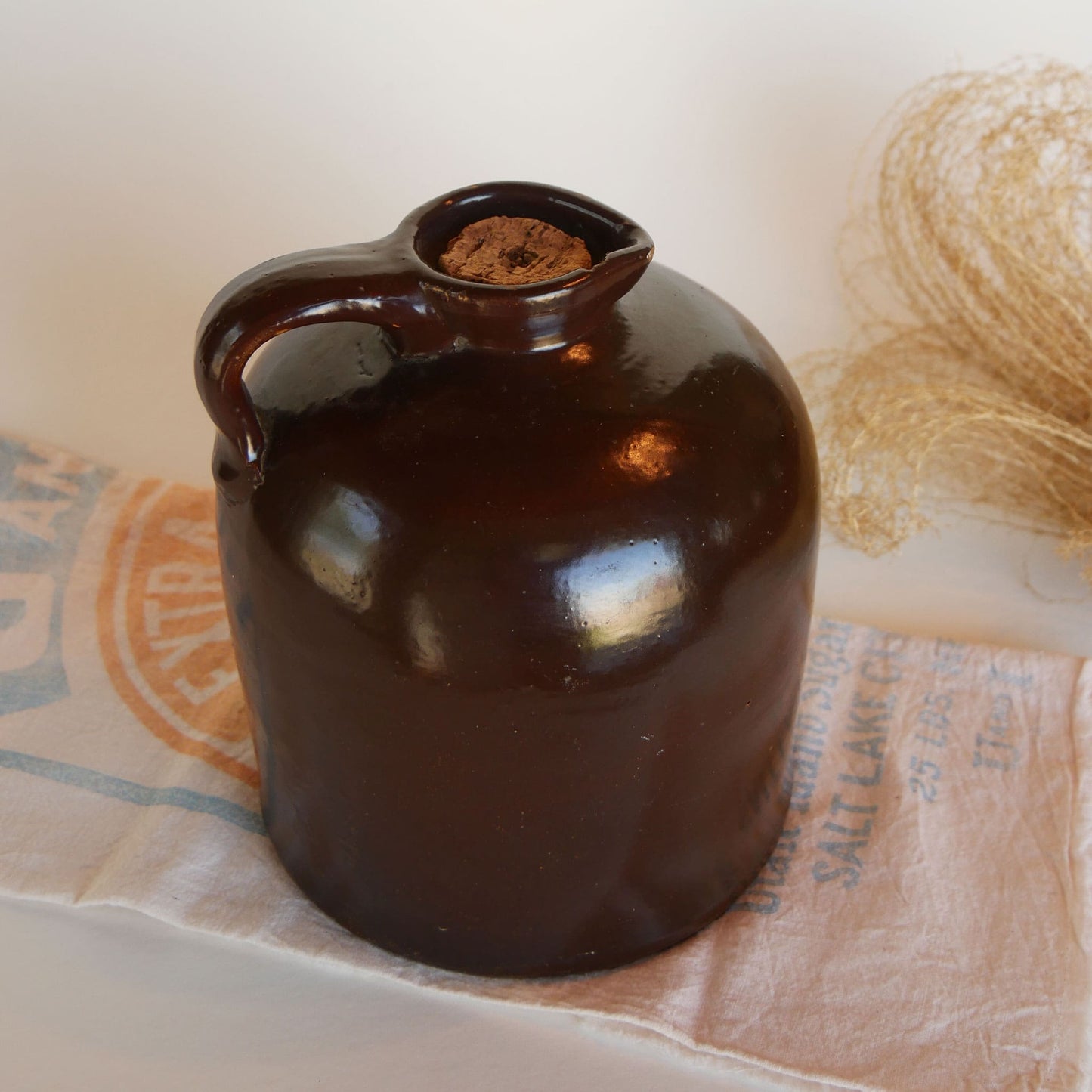 Glazed Brown Stoneware with Handle and Cork, Brown Glazed Handled Crock and Cork, Vintage Farmhouse Decor, Vintage Farmhouse Kitchen Decor, Vintage Crocks