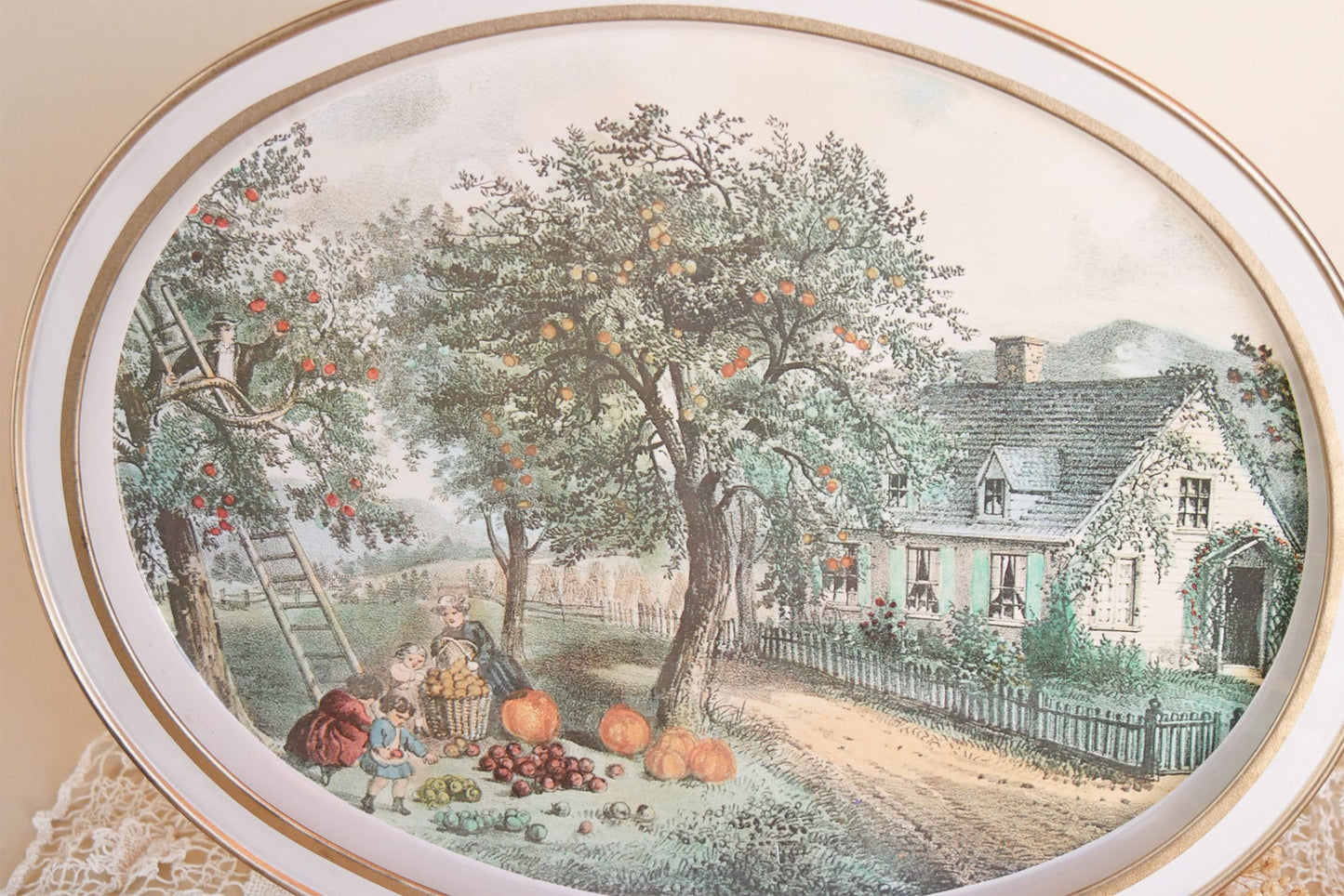 Vintage Currier & Ives 'The American Homestead, Autumn' Oval Metal Tray, Vintage Farmhouse Decor, Farmhouse Kitchen Decor, Currier and Ives Tray