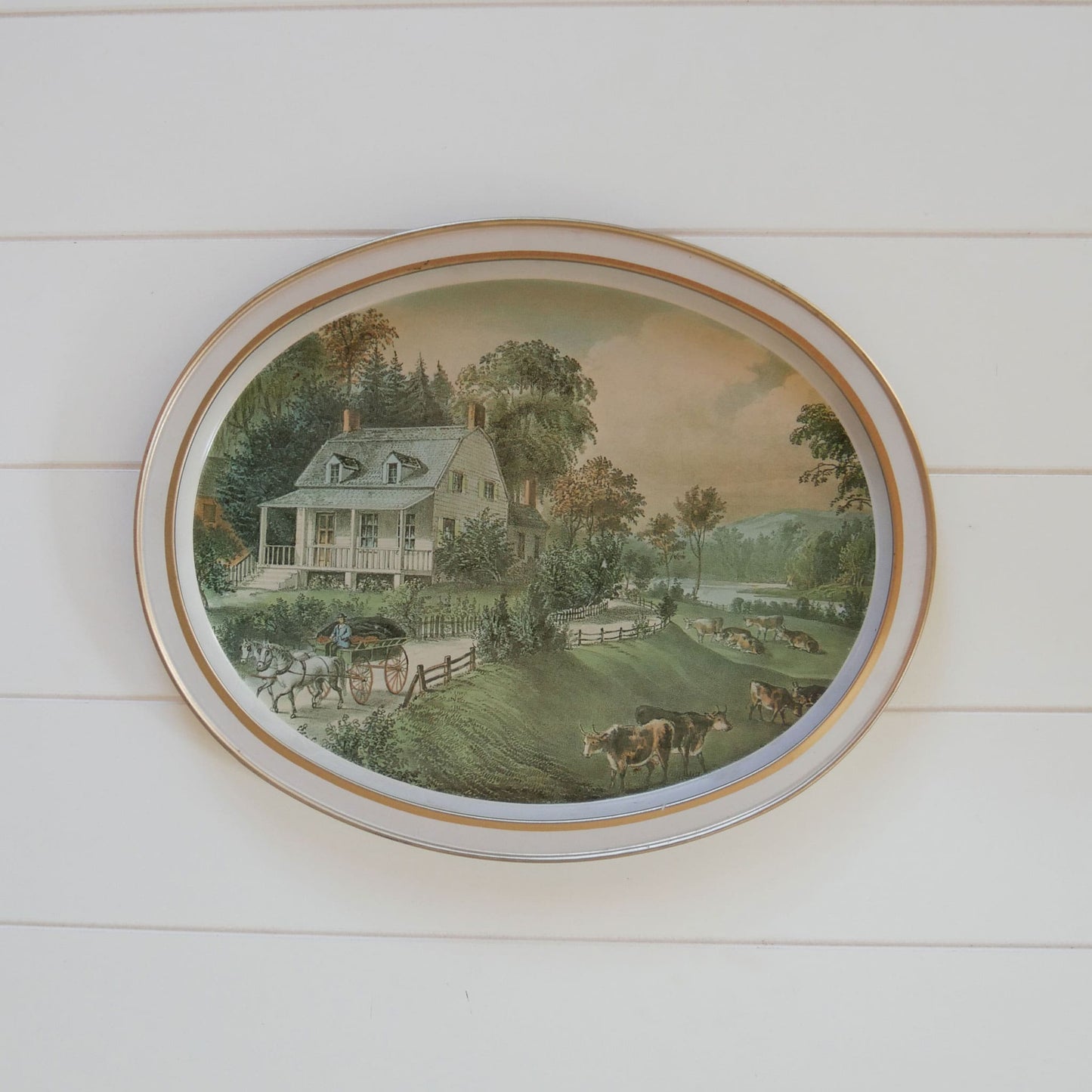 Vintage Currier and Ives The Amercian Homestead Summer Oval Metal Tray, Vintage Currier and Ives HOmestead Tray