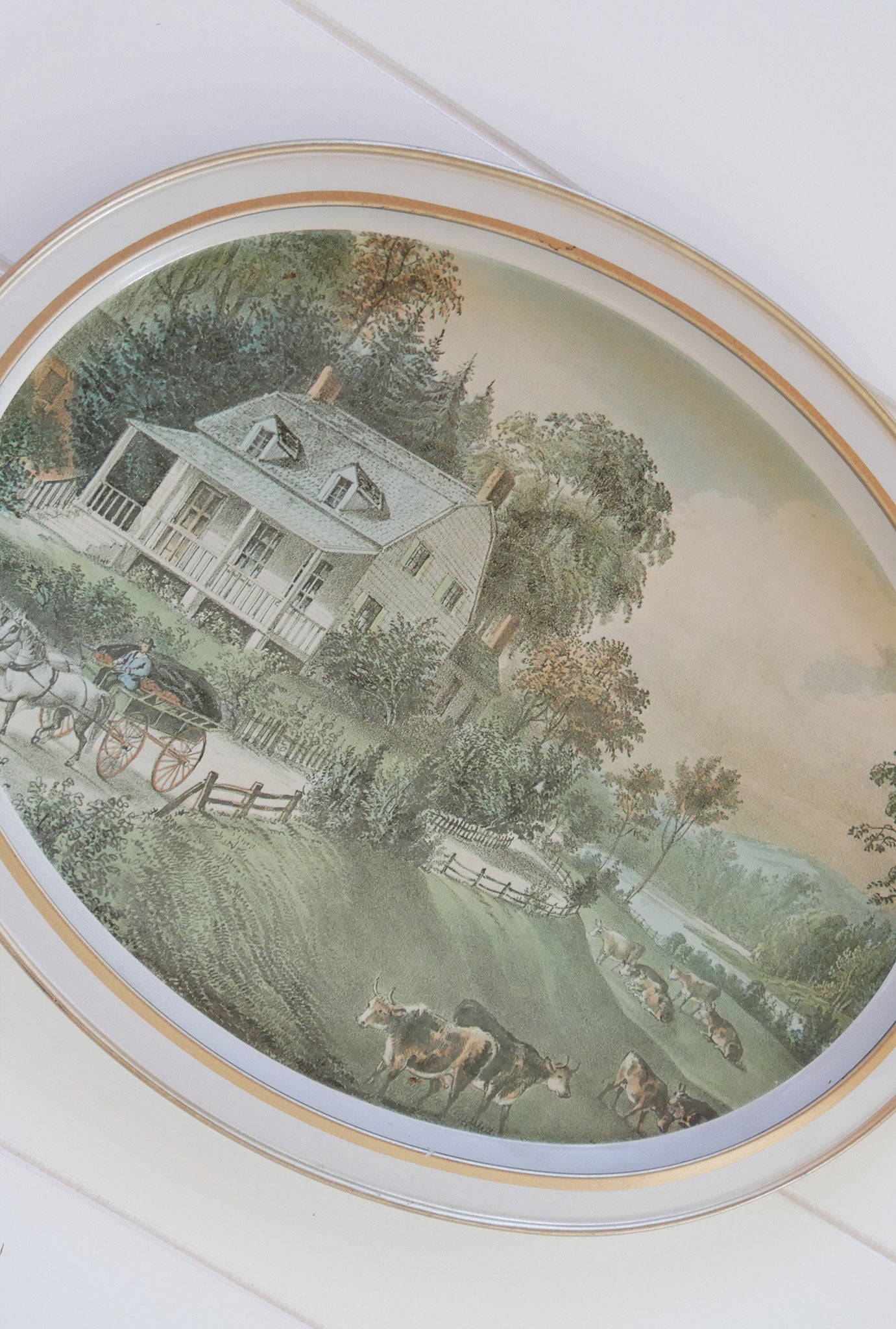 Vintage Currier and Ives The Amercian Homestead Summer Oval Metal Tray, Vintage Currier and Ives HOmestead Tray
