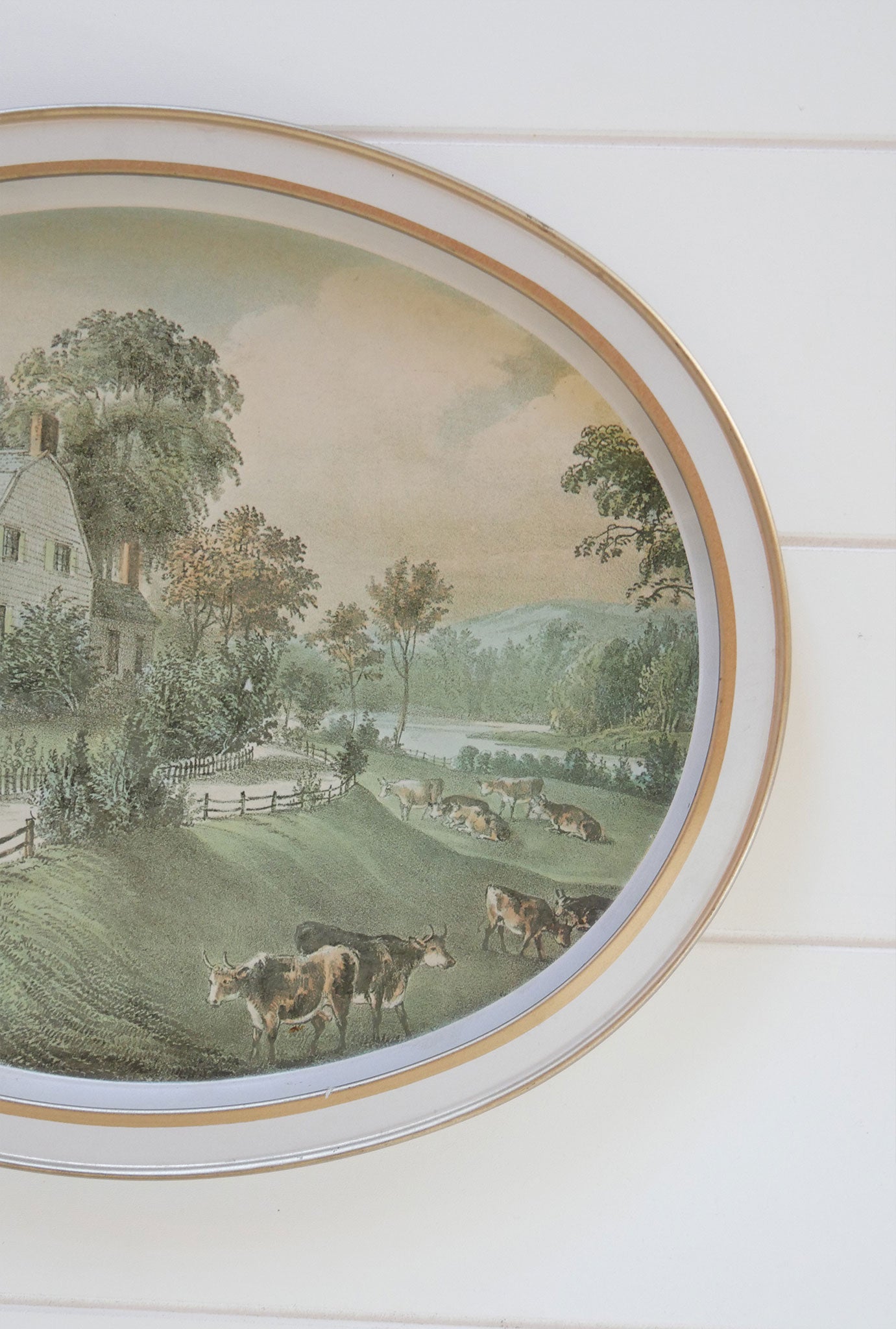 Vintage Currier and Ives The Amercian Homestead Summer Oval Metal Tray, Vintage Currier and Ives HOmestead Tray