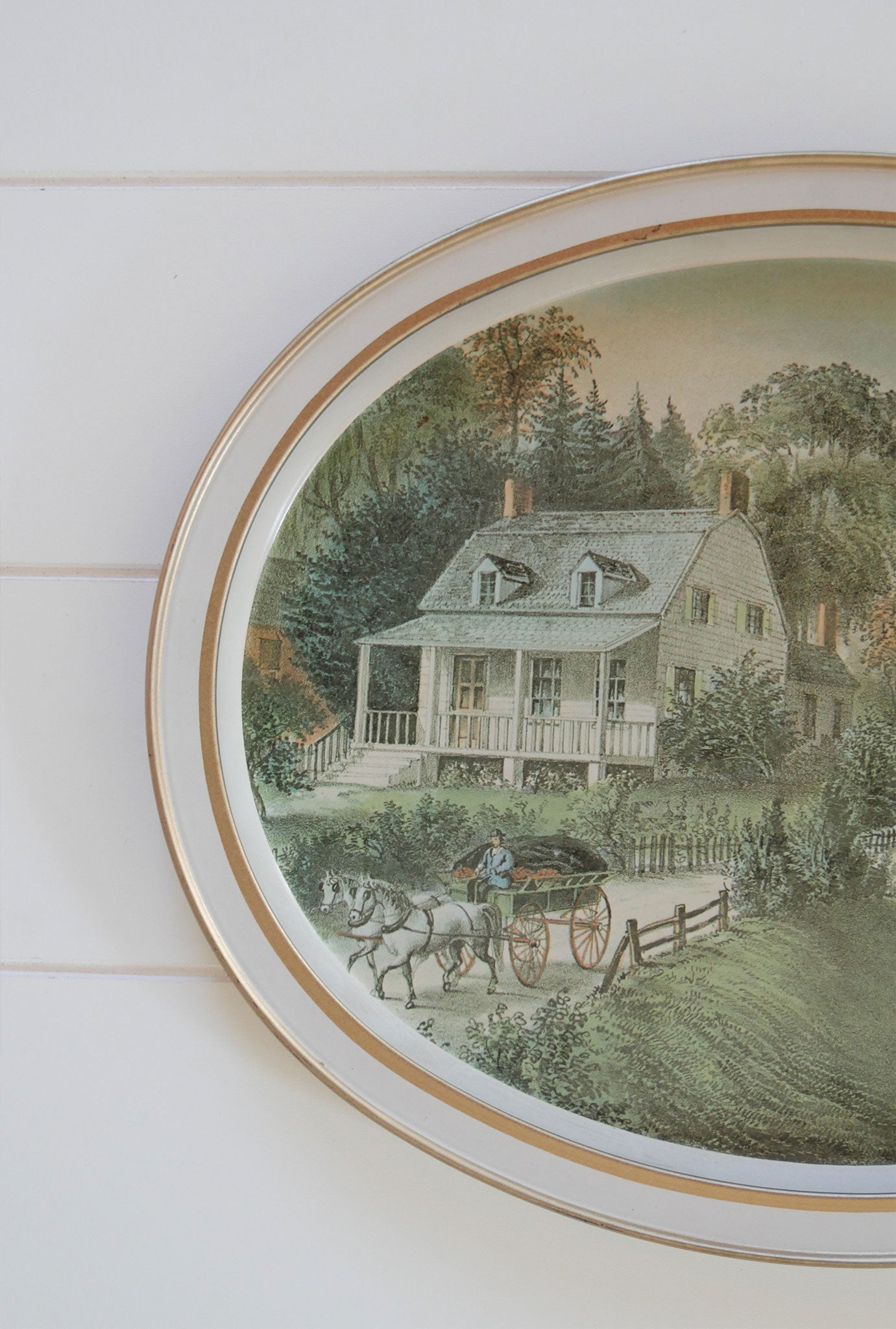 Vintage Currier and Ives The Amercian Homestead Summer Oval Metal Tray, Vintage Currier and Ives HOmestead Tray