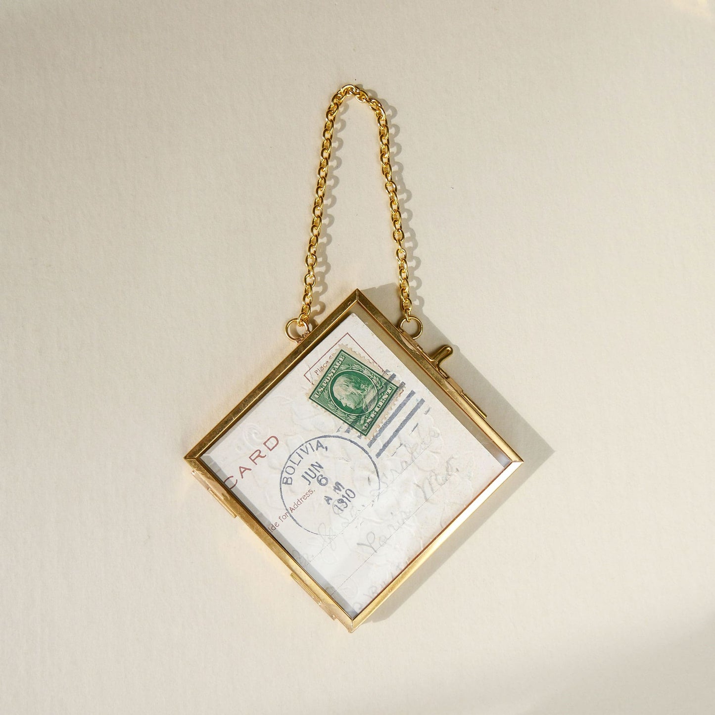 Double-Glass-Gold-Haning-Frame-with-Vintage-Floral-Postcard