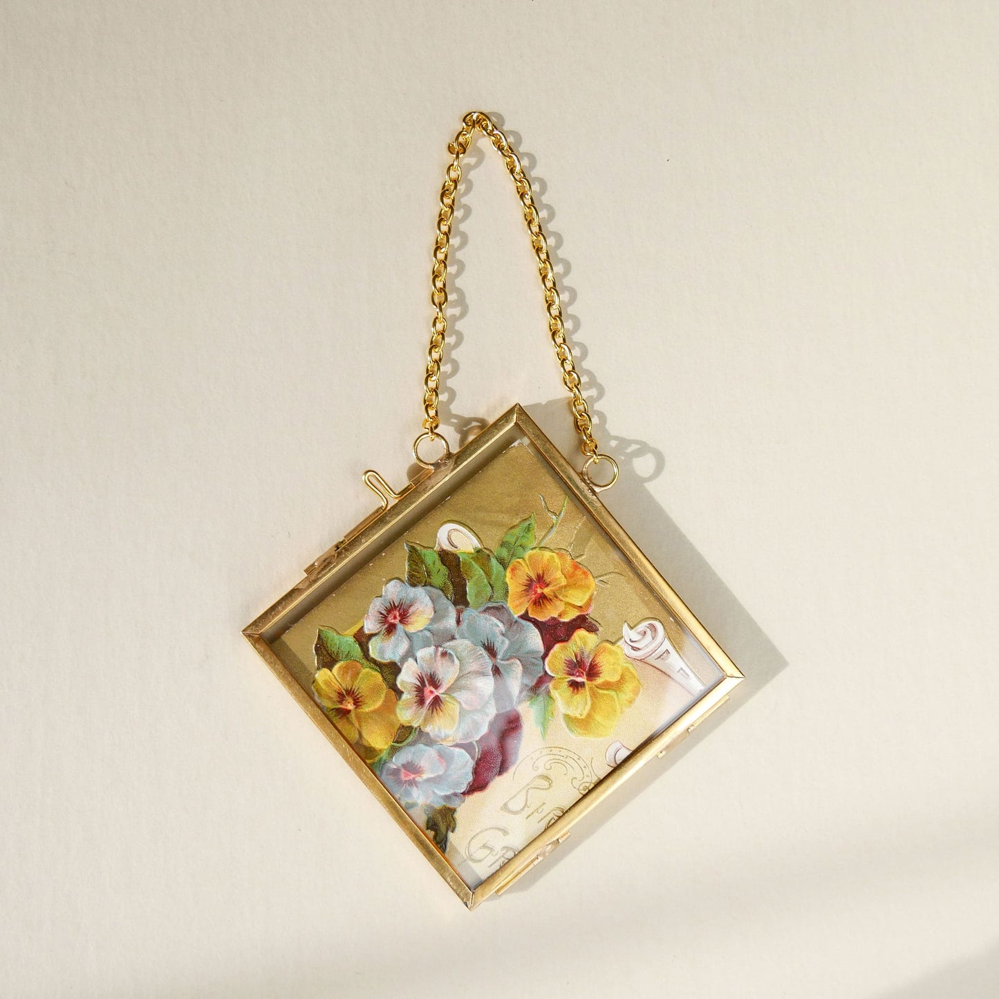 Double-Glass-Gold-Haning-Frame-with-Vintage-Floral-Postcard