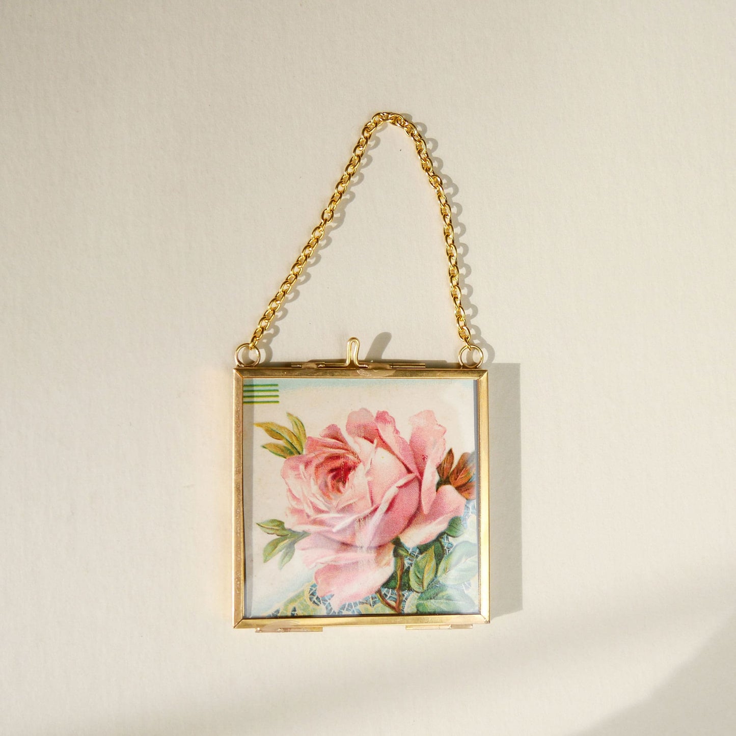 Double-Glass-Gold-Haning-Frame-with-Vintage-Floral-Postcard