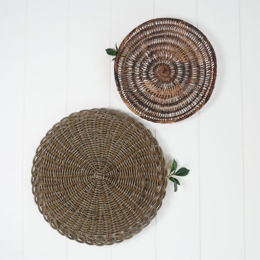 Pair of Two Tone Brown Wicker Basket Wall Decor, Vintage Basket Decor, Thrifted Basket Decor, Decorative Baskets, Basket Wall Decor