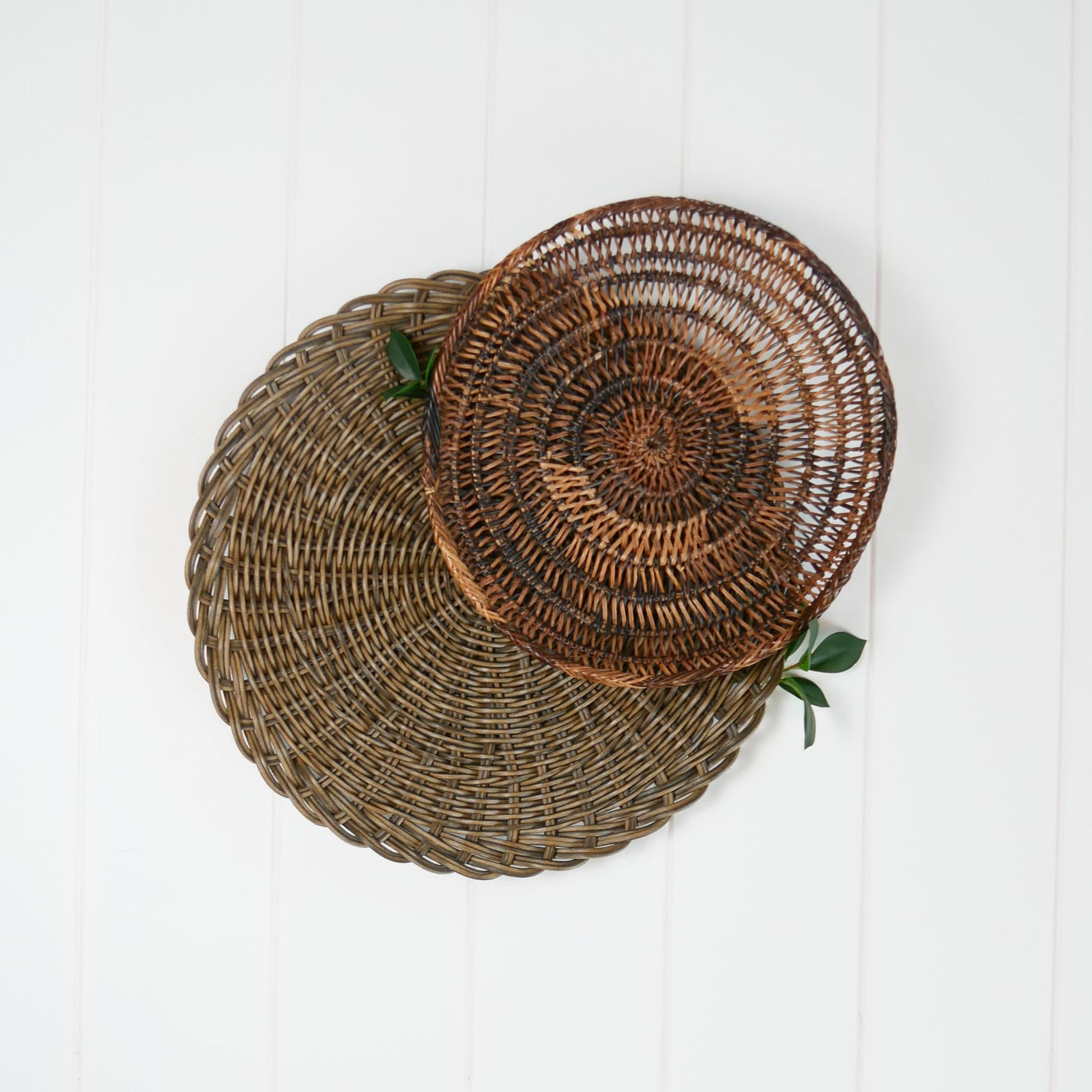 Pair of Two Tone Brown Wicker Basket Wall Decor, Vintage Basket Decor, Thrifted Basket Decor, Decorative Baskets, Basket Wall Decor