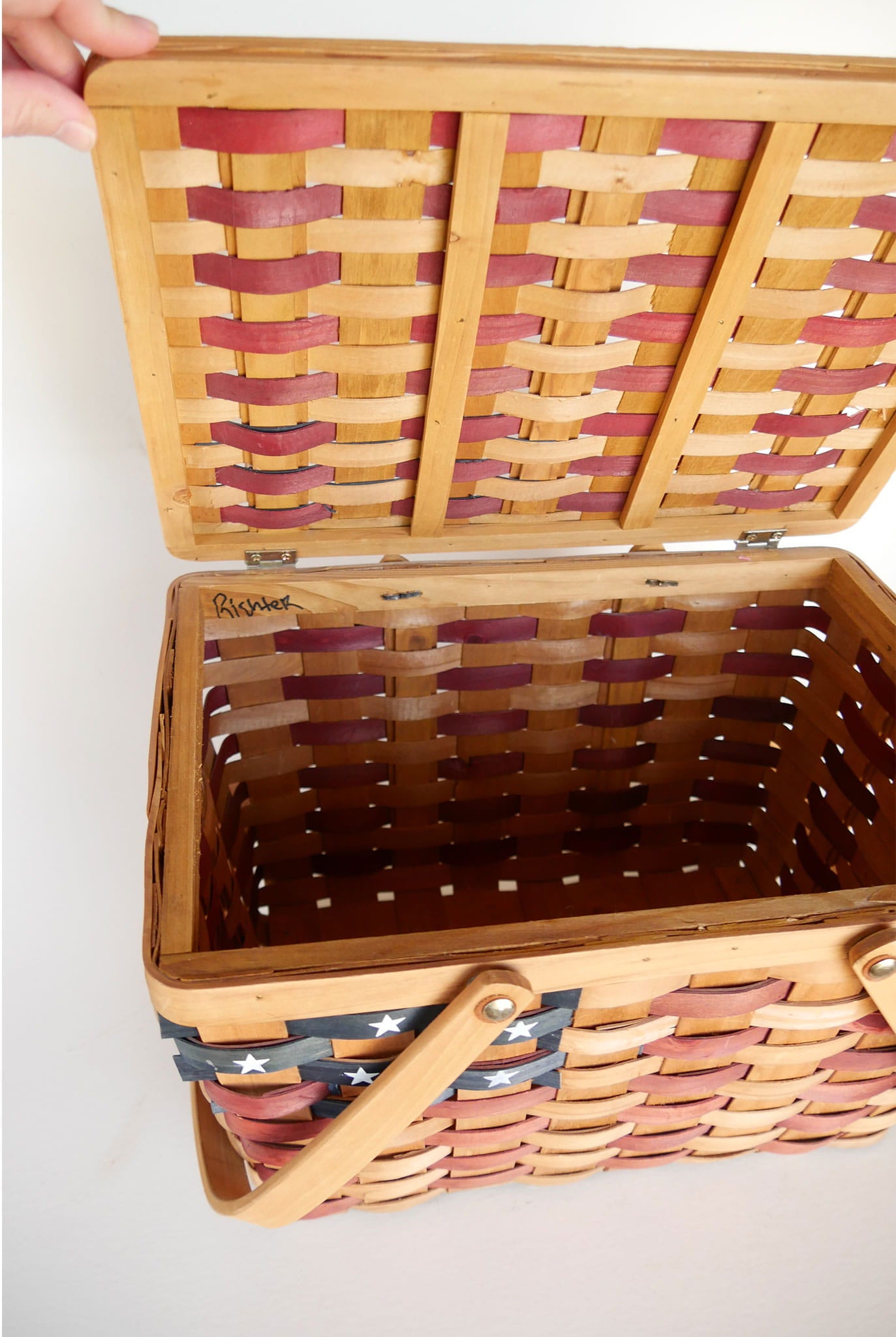 Large American Flag Picnic Basket, American Flag Basket, Vintage Fourth of July Basket, Vintage American Flag Picnic Basket