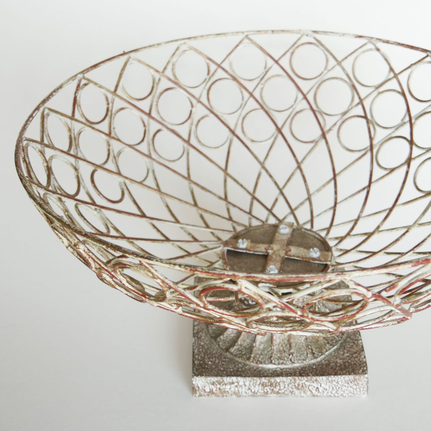 Large Chippy White Metal Pedestal Basket Vintage Shappy Chic Fruit Bowl, Vintage Fruit Bowl, Vintage Chippy White Metal Basket Vintage Farmhouse Decor