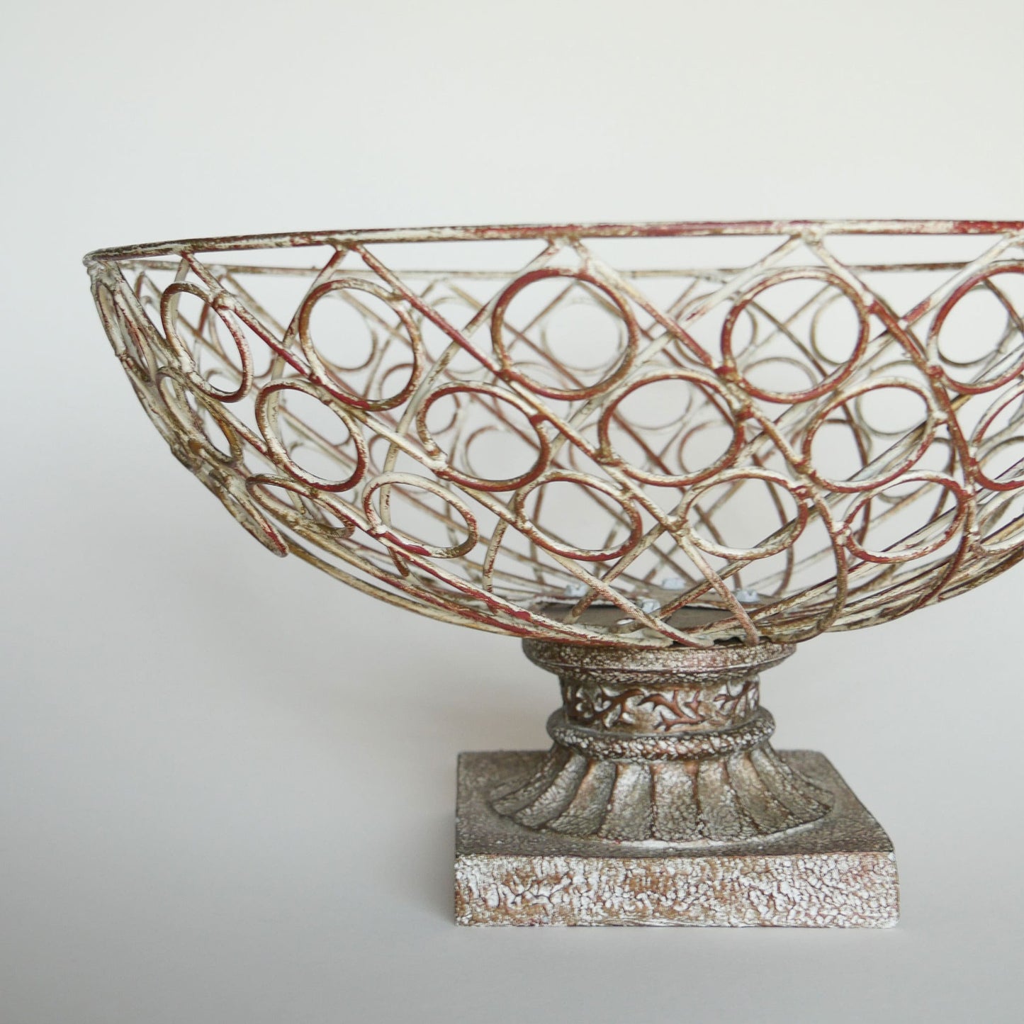 Large Chippy White Metal Pedestal Basket Vintage Shappy Chic Fruit Bowl, Vintage Fruit Bowl, Vintage Chippy White Metal Basket Vintage Farmhouse Decor