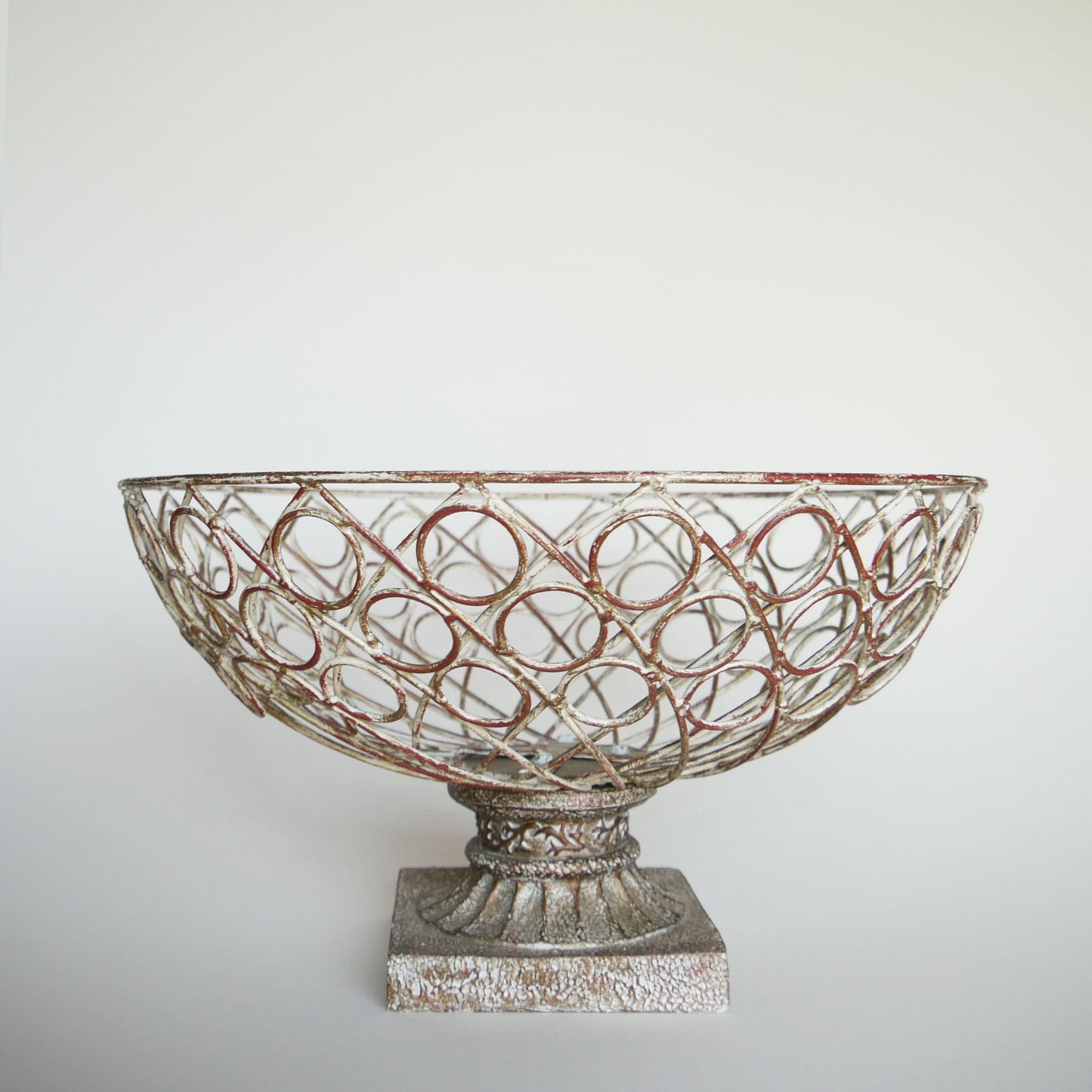 Large Chippy White Metal Pedestal Basket Vintage Shappy Chic Fruit Bowl, Vintage Fruit Bowl, Vintage Chippy White Metal Basket Vintage Farmhouse Decor