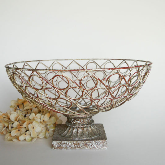 Large Chippy White Metal Pedestal Basket Vintage Shappy Chic Fruit Bowl, Vintage Fruit Bowl, Vintage Chippy White Metal Basket Vintage Farmhouse Decor
