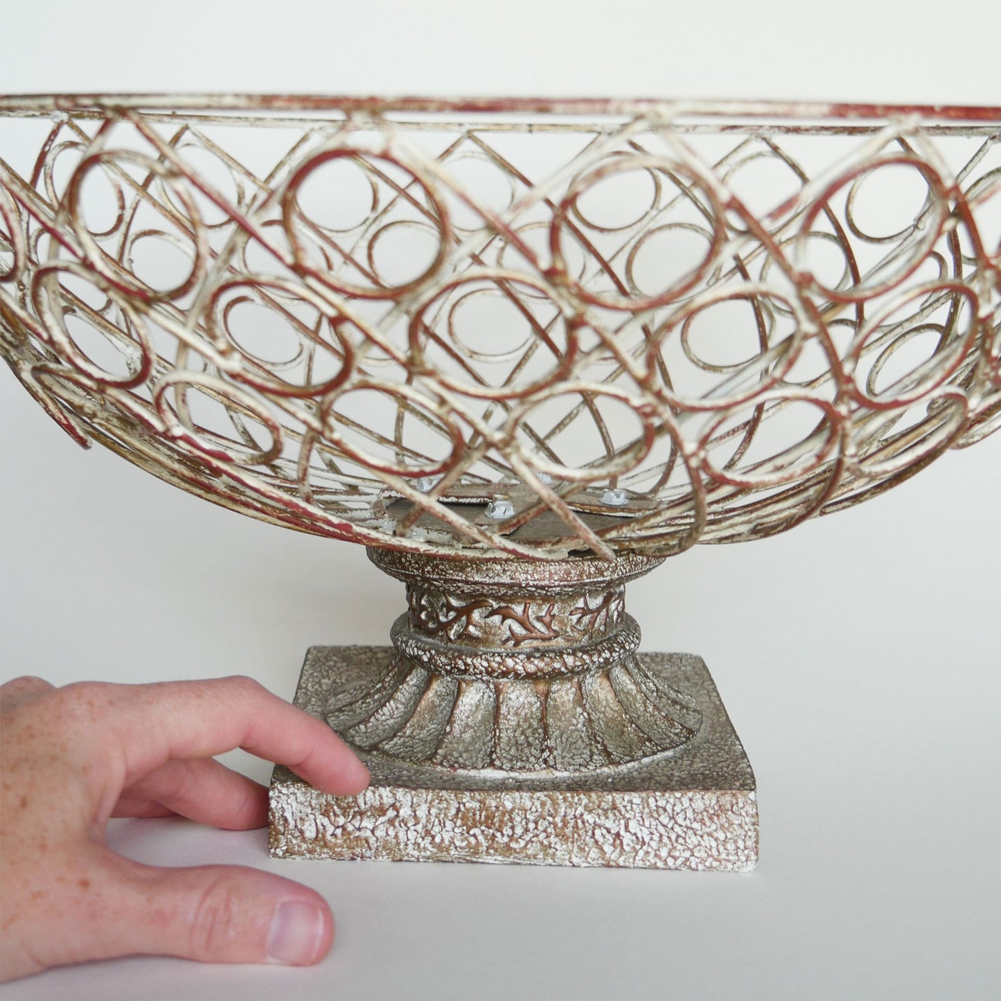 Large Chippy White Metal Pedestal Basket Vintage Shappy Chic Fruit Bowl, Vintage Fruit Bowl, Vintage Chippy White Metal Basket Vintage Farmhouse Decor