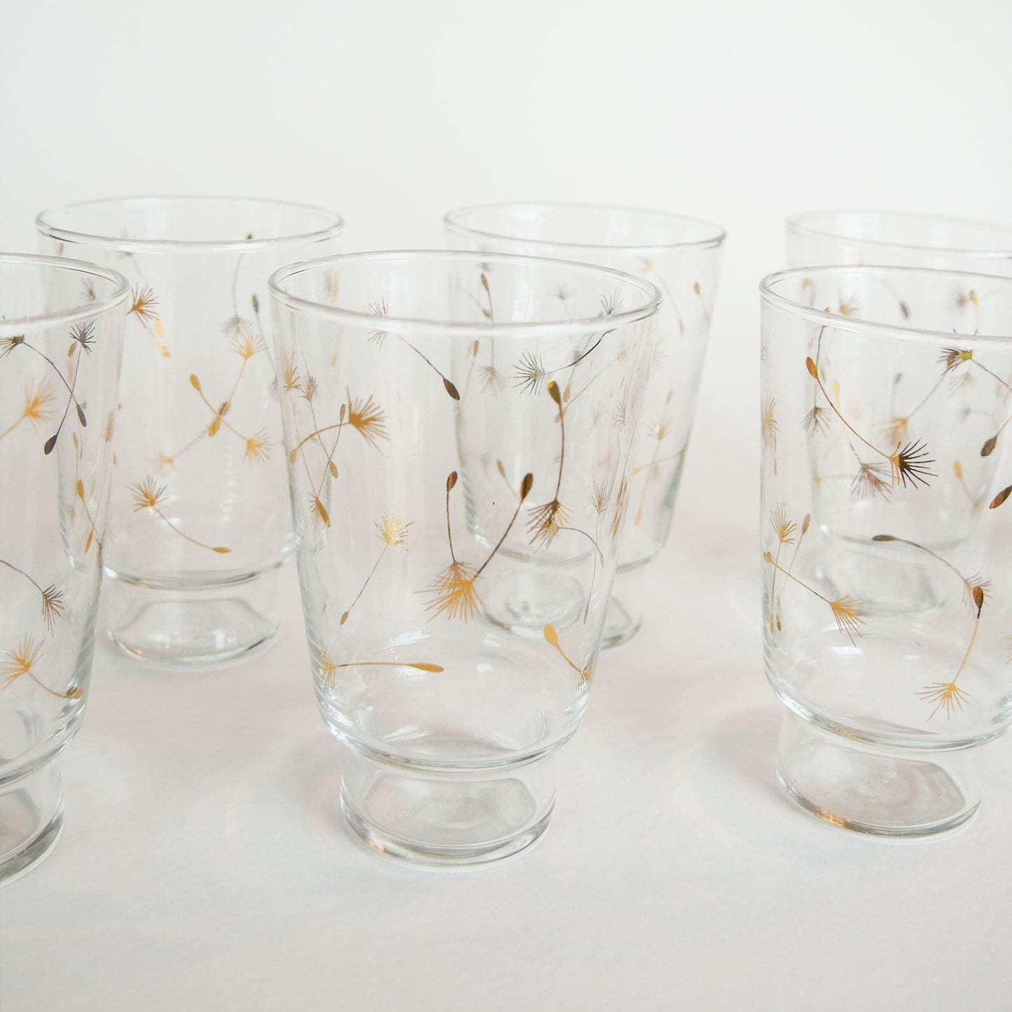 1960s MCM Libbey Windblown Gold Dandelion Seed Pedestal Glassware Set, 8 10oz Glasses 1 4oz Tumbler Vintage MCM Glassware Vintage Midecentury Modern Glassware