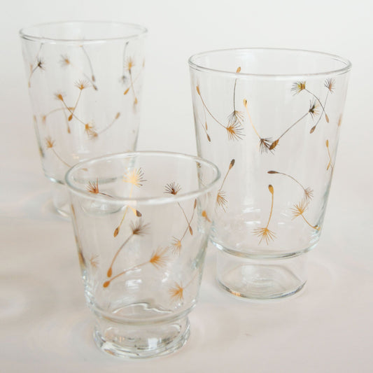 1960s MCM Libbey Windblown Gold Dandelion Seed Pedestal Glassware Set, 8 10oz Glasses 1 4oz Tumbler Vintage MCM Glassware Vintage Midecentury Modern Glassware