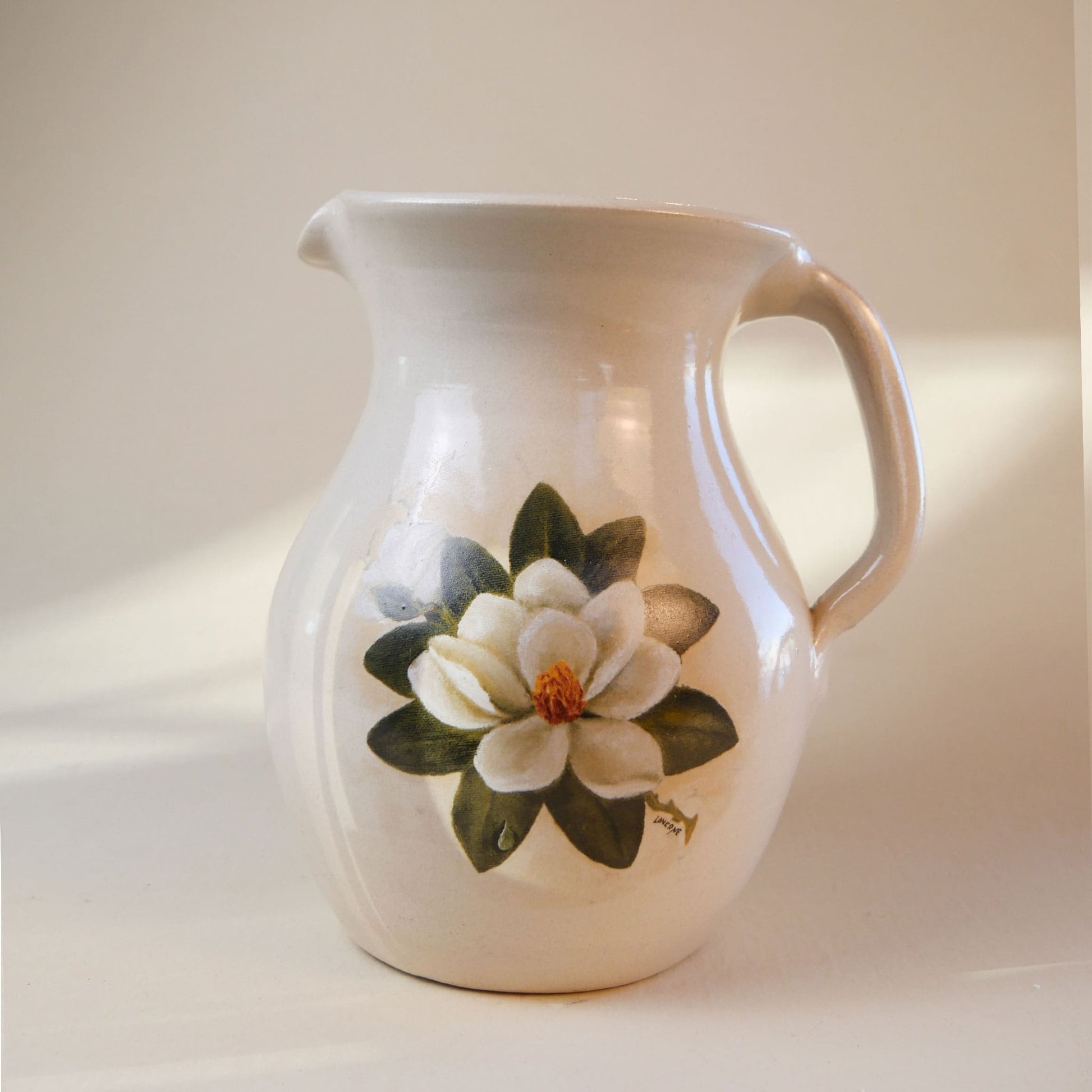 Magnolia Shaker & Thangs Pottery Pitcher with Handle, Vintage Pottery, Vintage Magnolia Painted Decor