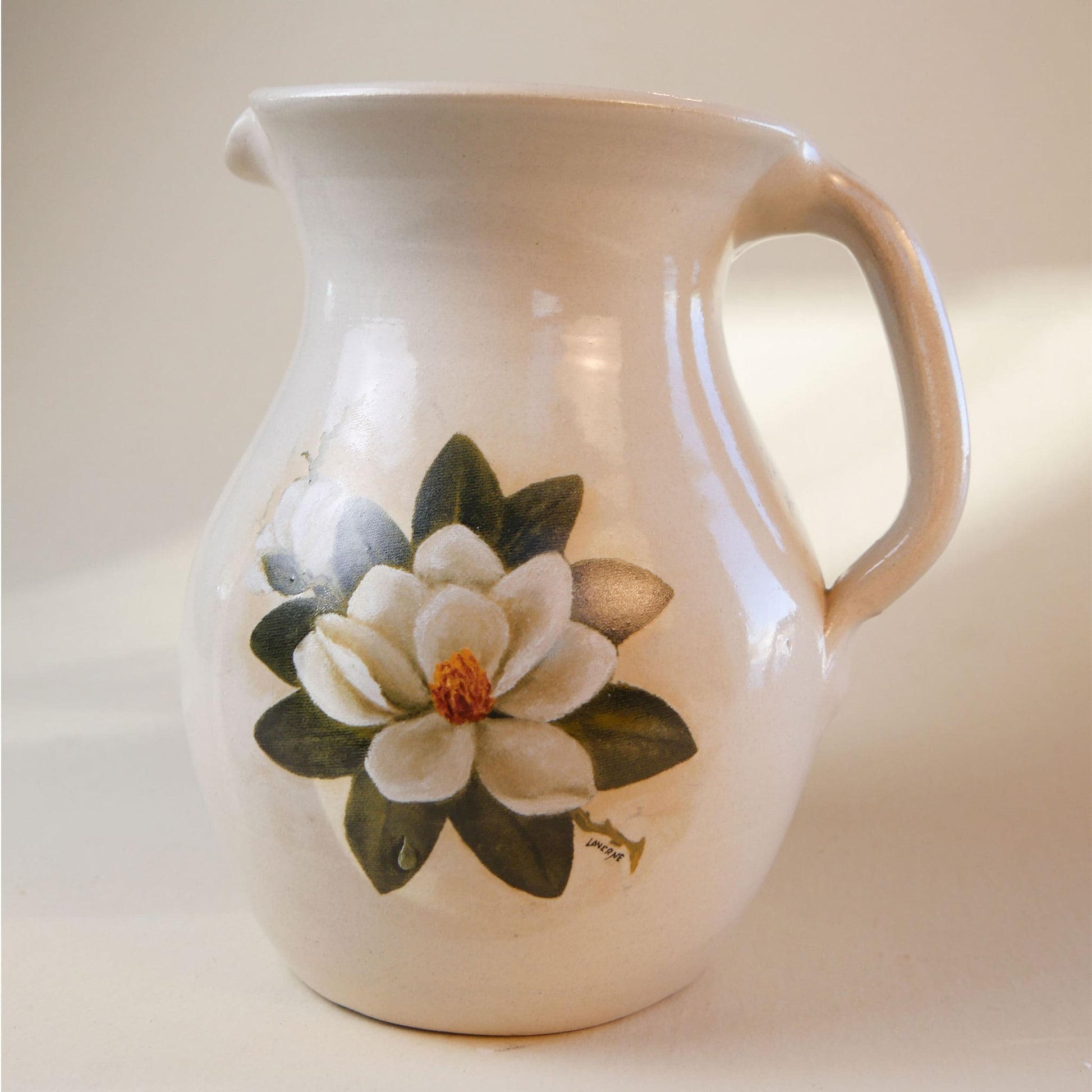 Magnolia Shaker & Thangs Pottery Pitcher with Handle, Vintage Pottery, Vintage Magnolia Painted Decor