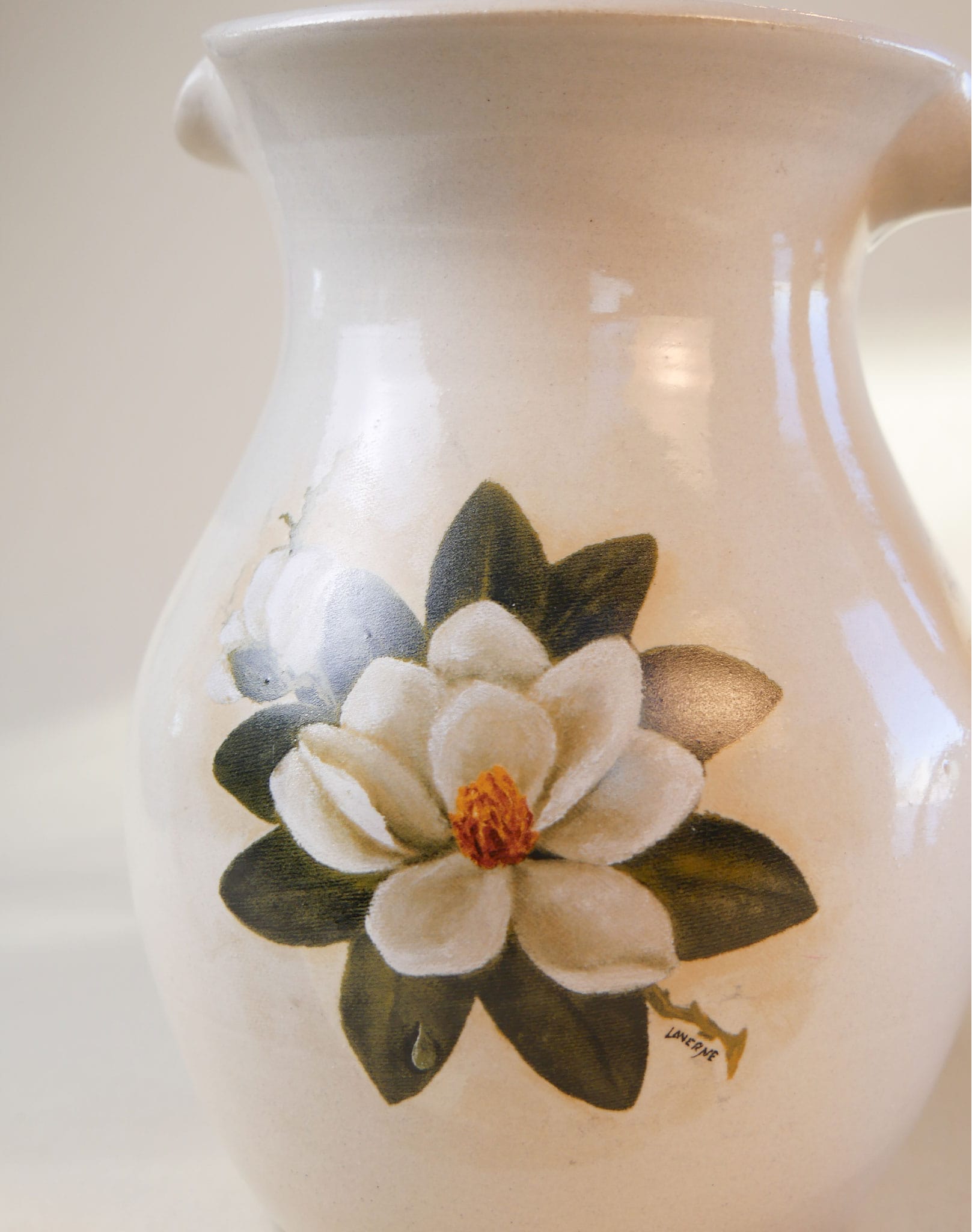 Magnolia Shaker & Thangs Pottery Pitcher with Handle, Vintage Pottery, Vintage Magnolia Painted Decor