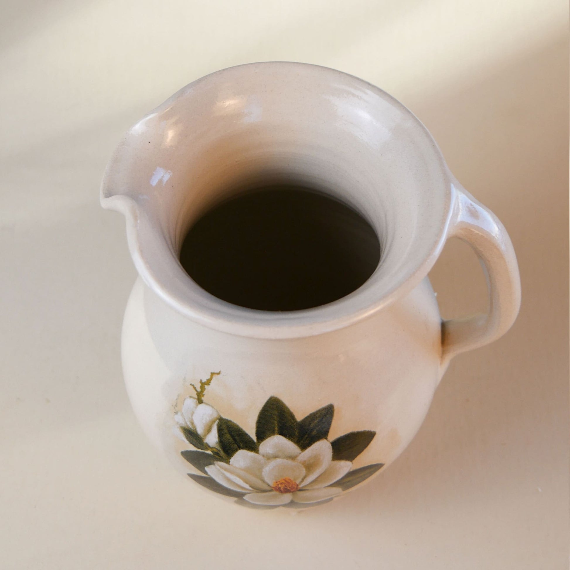 Magnolia Shaker & Thangs Pottery Pitcher with Handle, Vintage Pottery, Vintage Magnolia Painted Decor