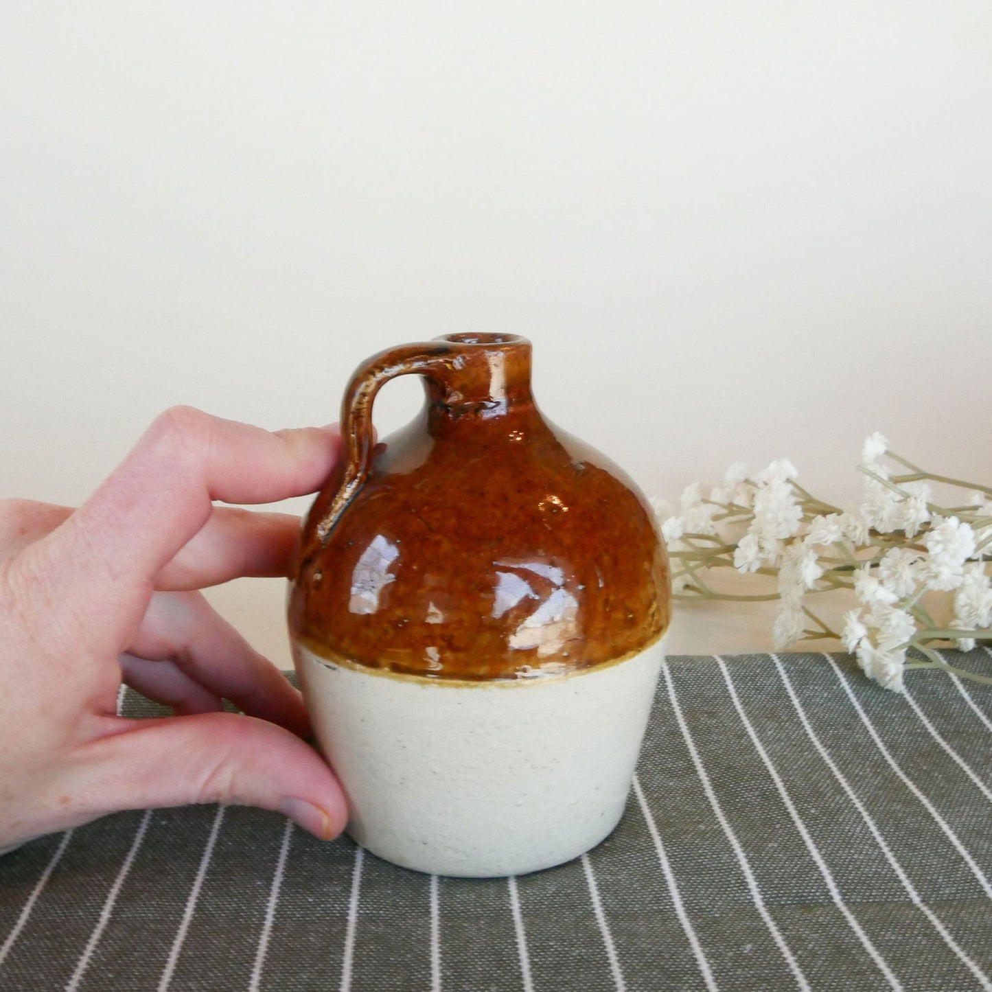 Mini 4in Light Brown and Tan Handle Crock, Vintage Crocks, Two Two Crocks, Mini Crocks