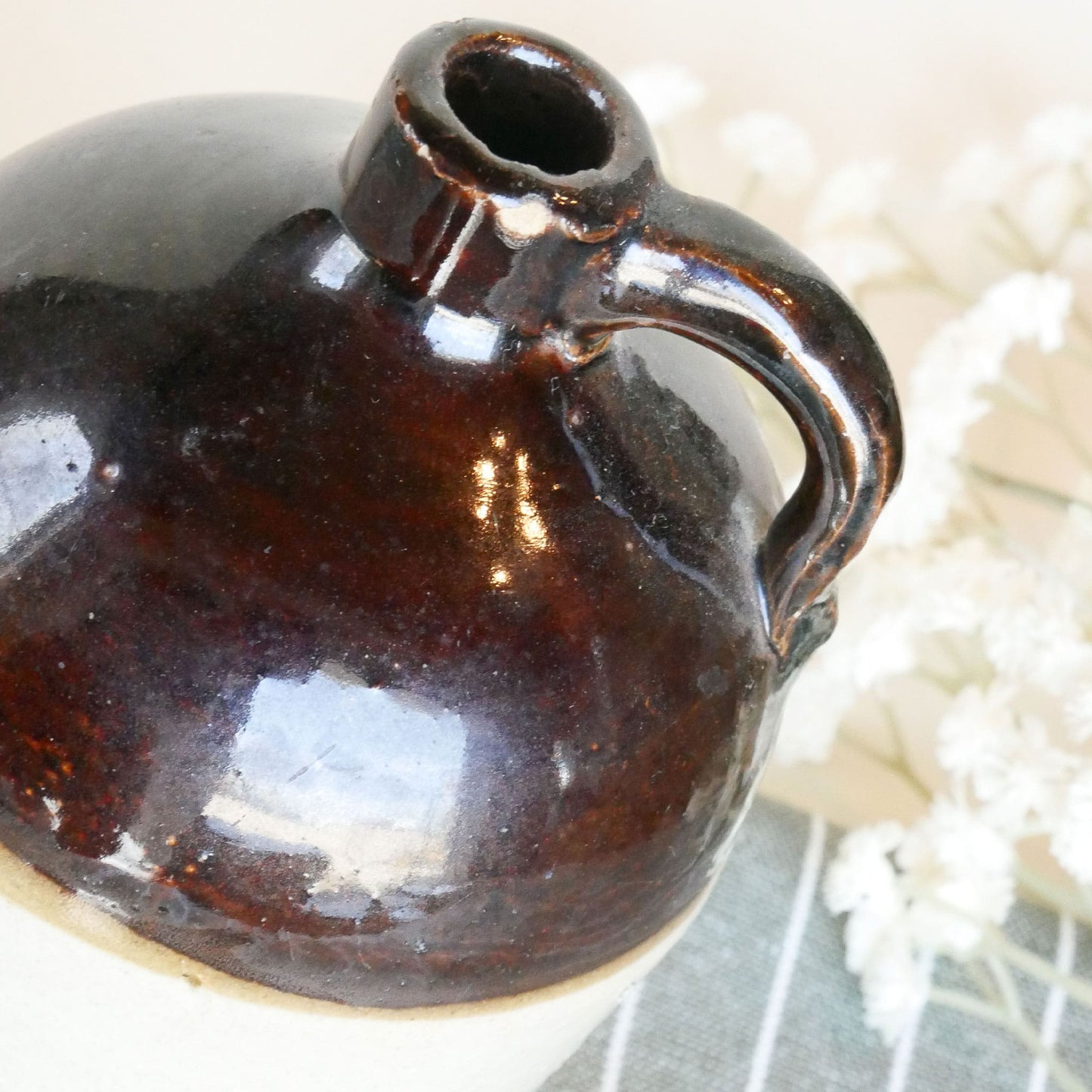 Mini 5.5in Brown and Tan Handle Crock, Vintage Crocks, Farmhouse Crocks, Vintage Handle Crocks