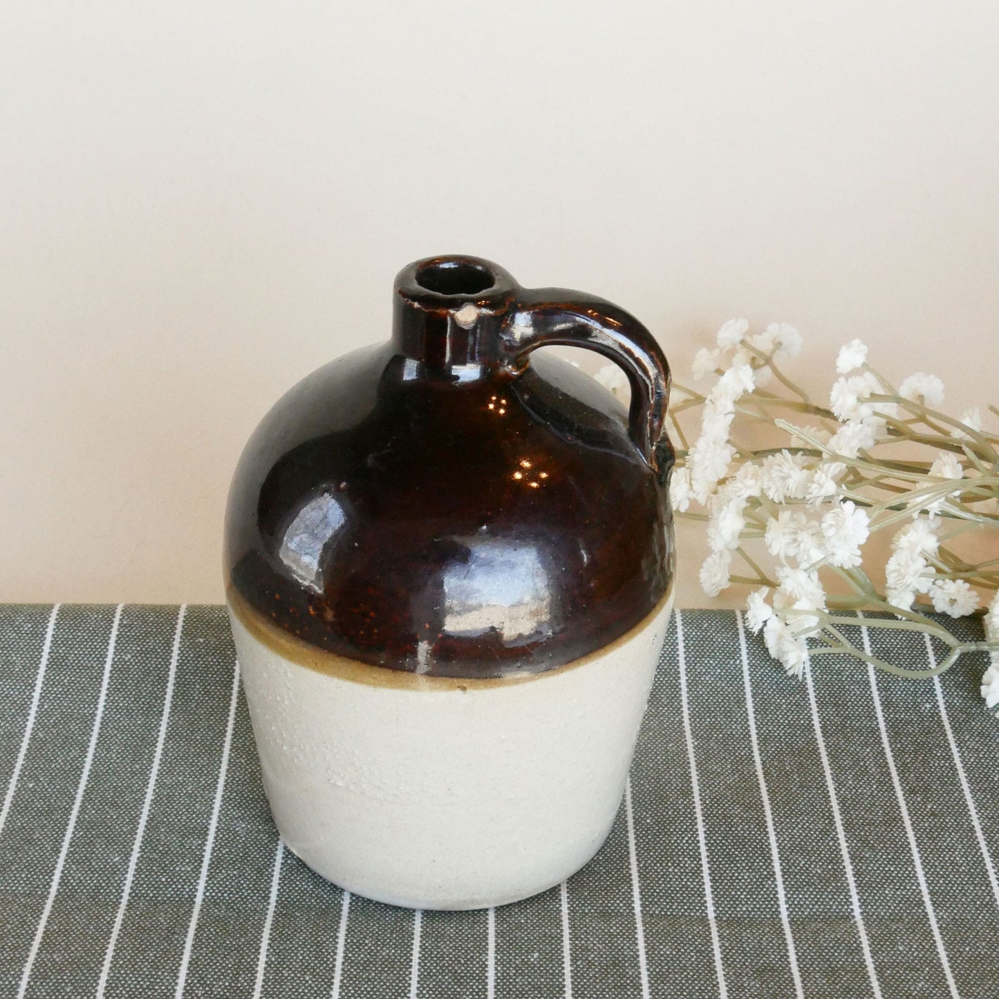 Mini 5.5in Brown and Tan Handle Crock, Vintage Crocks, Farmhouse Crocks, Vintage Handle Crocks