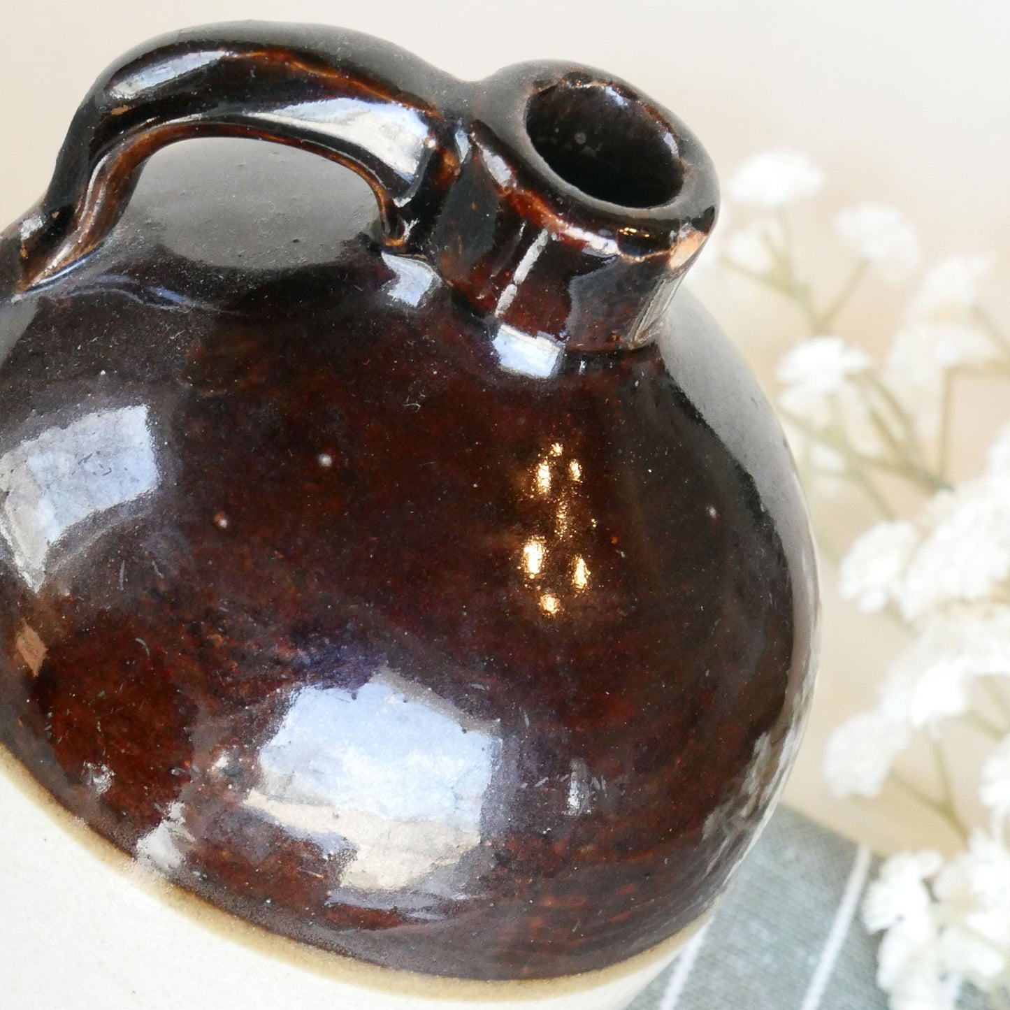 Mini 5.5in Brown and Tan Handle Crock, Vintage Crocks, Farmhouse Crocks, Vintage Handle Crocks