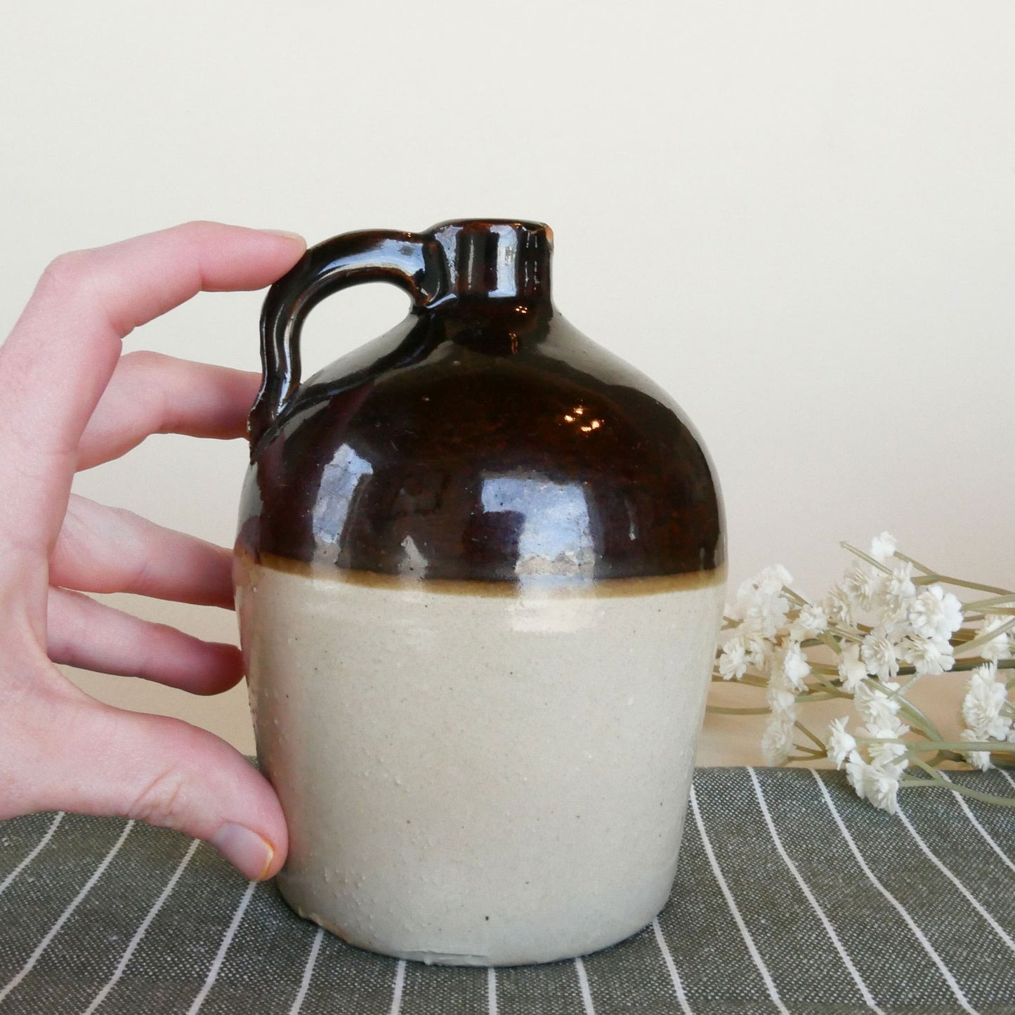 Mini 5.5in Brown and Tan Handle Crock, Vintage Crocks, Farmhouse Crocks, Vintage Handle Crocks